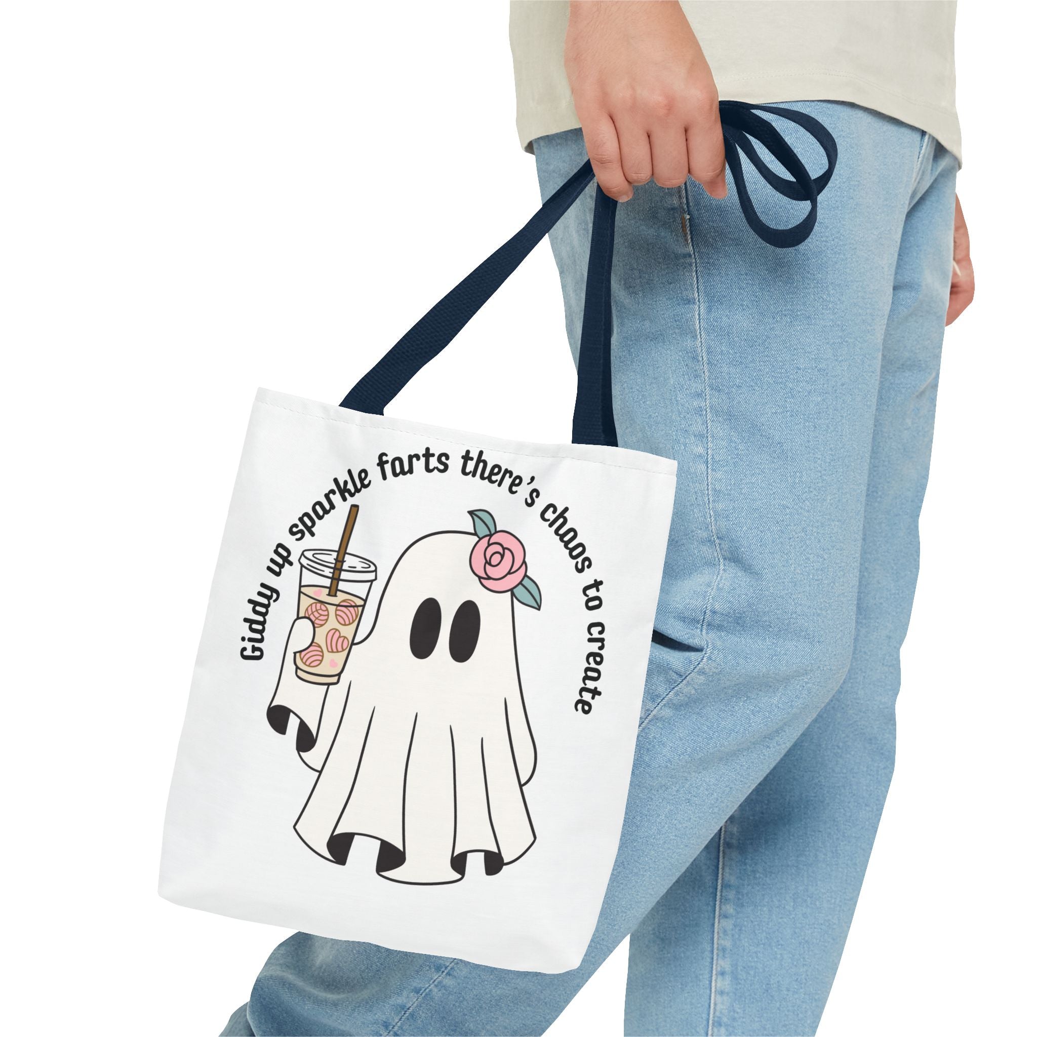 Cute Ghost Tote Bag - "Giddy up sparkle farts there’s chaos to create" Ghost with Boba Tea Tote
