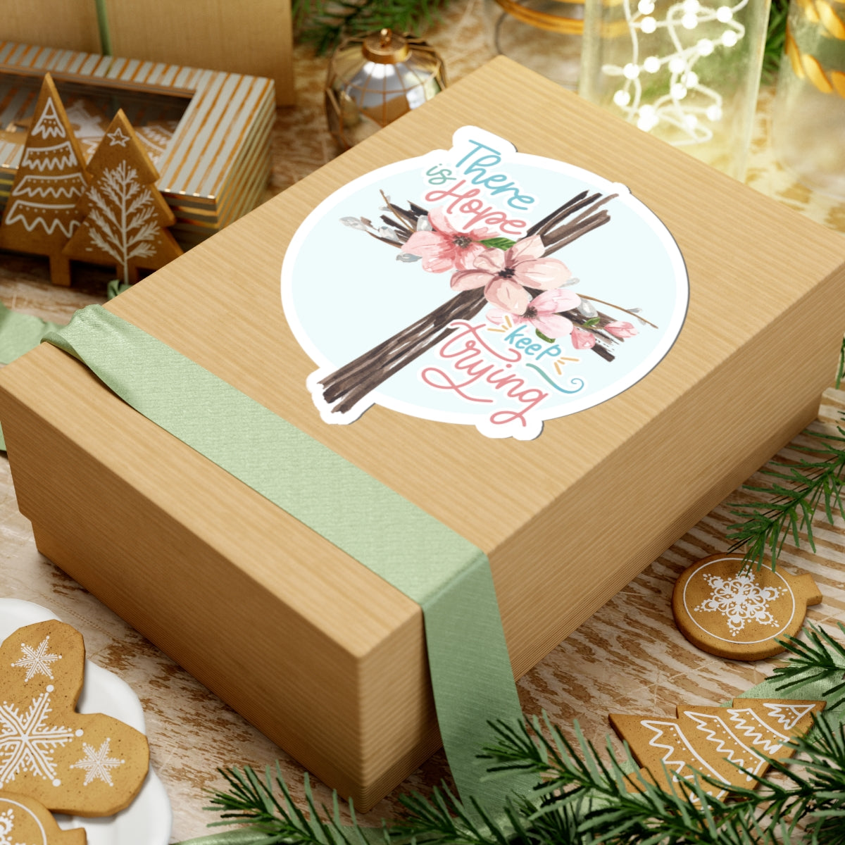 There Is Hope Keep Trying Cross Floral Sticker — Inspirational Kiss-Cut Sticker