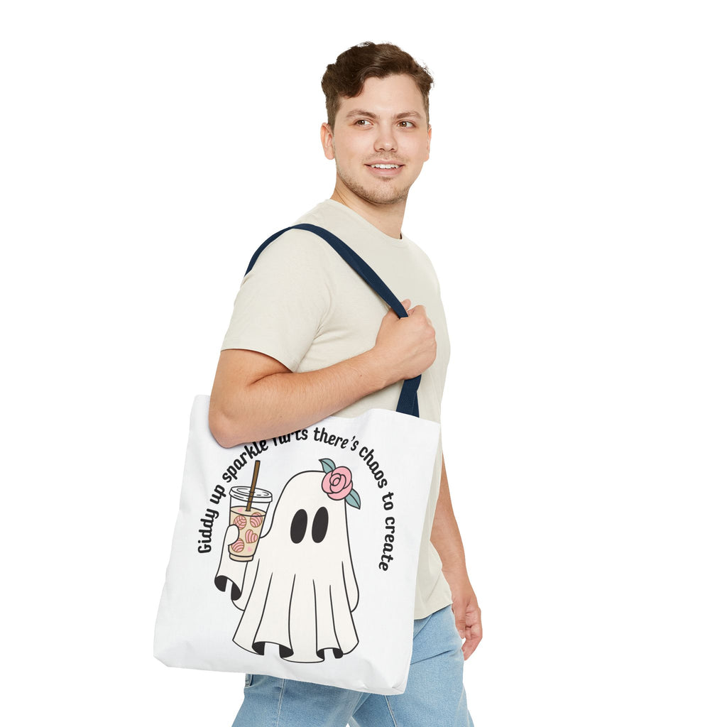 Cute Ghost Tote Bag - "Giddy up sparkle farts there’s chaos to create" Ghost with Boba Tea Tote