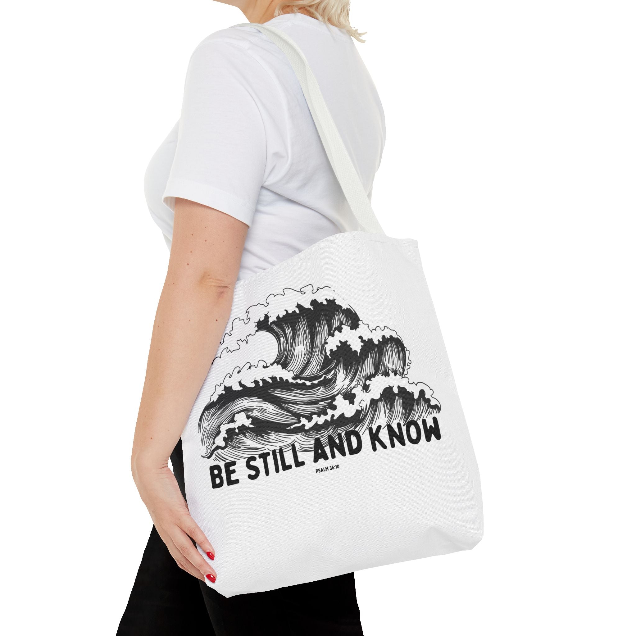 Be Still and Know Wave Tote Bag — Inspirational Psalm 36:10 Canvas Tote