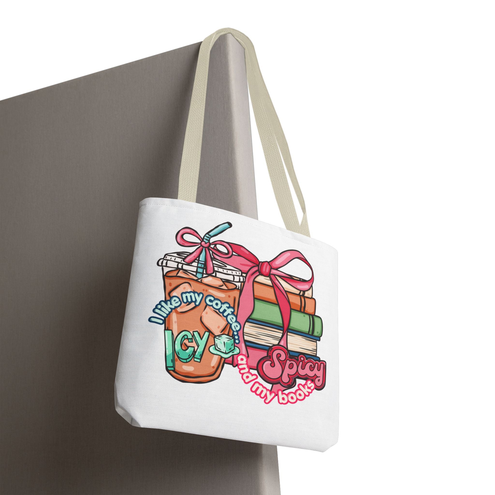 Book Lover Tote Bag — “I like my coffee icy and my books spicy” Illustrated Bookstack & Iced Coffee Design