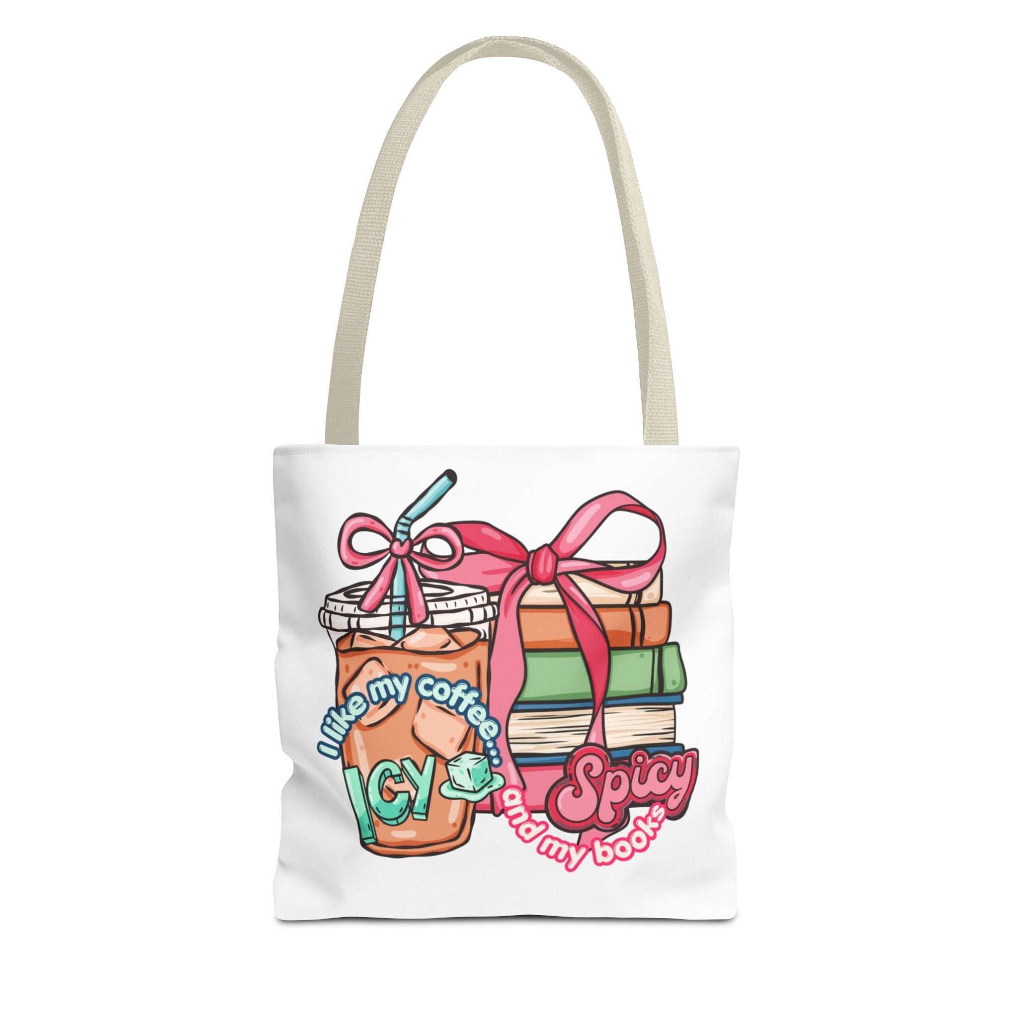 Book Lover Tote Bag — “I like my coffee icy and my books spicy” Illustrated Bookstack & Iced Coffee Design