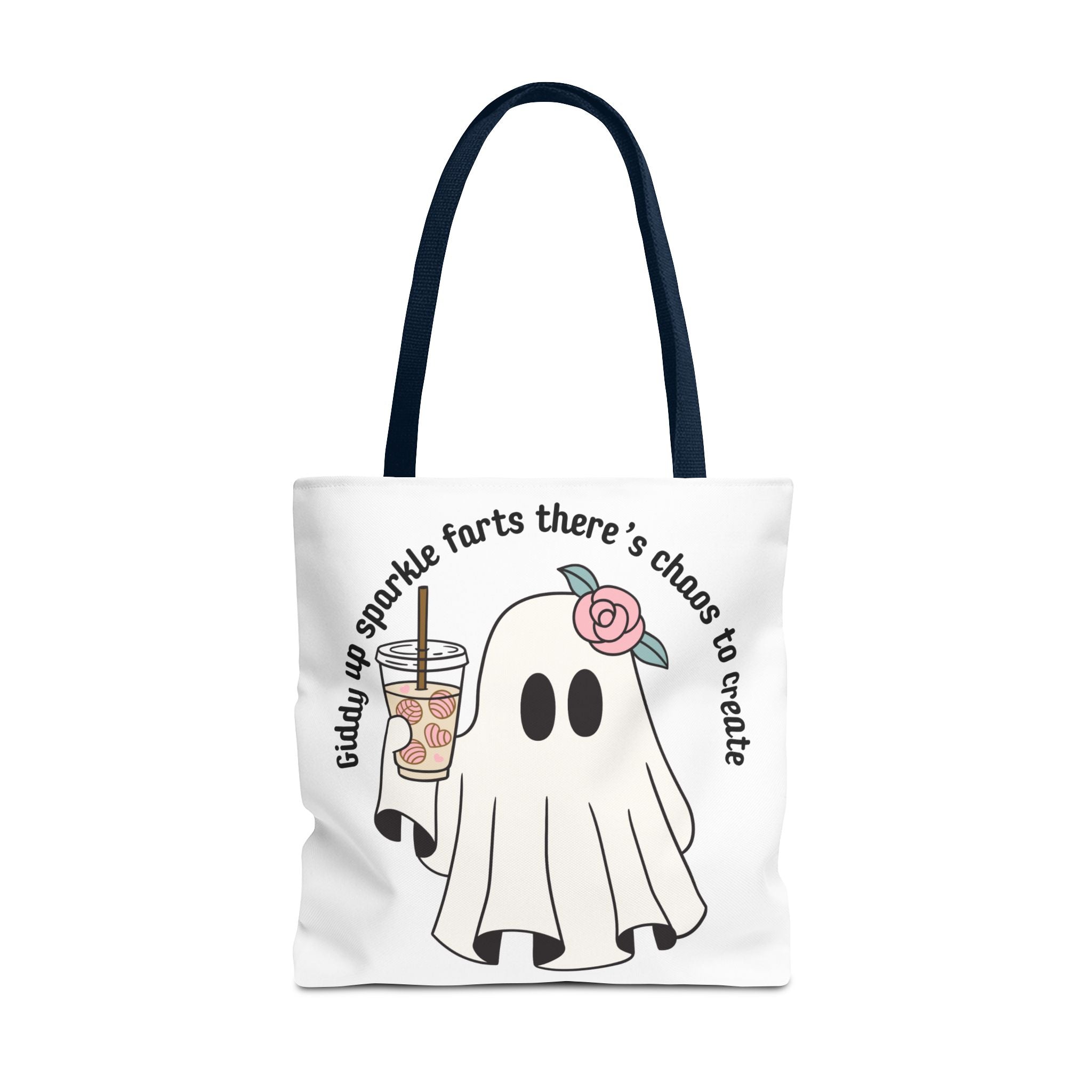 Cute Ghost Tote Bag - "Giddy up sparkle farts there’s chaos to create" Ghost with Boba Tea Tote