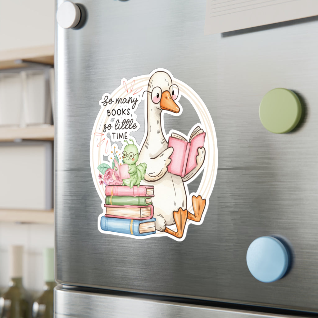 Reading Goose Kiss-Cut Vinyl Sticker — "So Many Books, So Little Time"