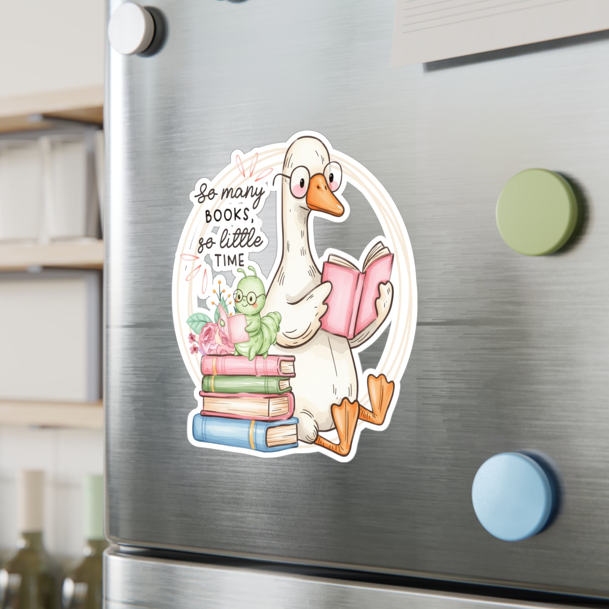 Reading Goose Kiss-Cut Vinyl Sticker — "So Many Books, So Little Time"