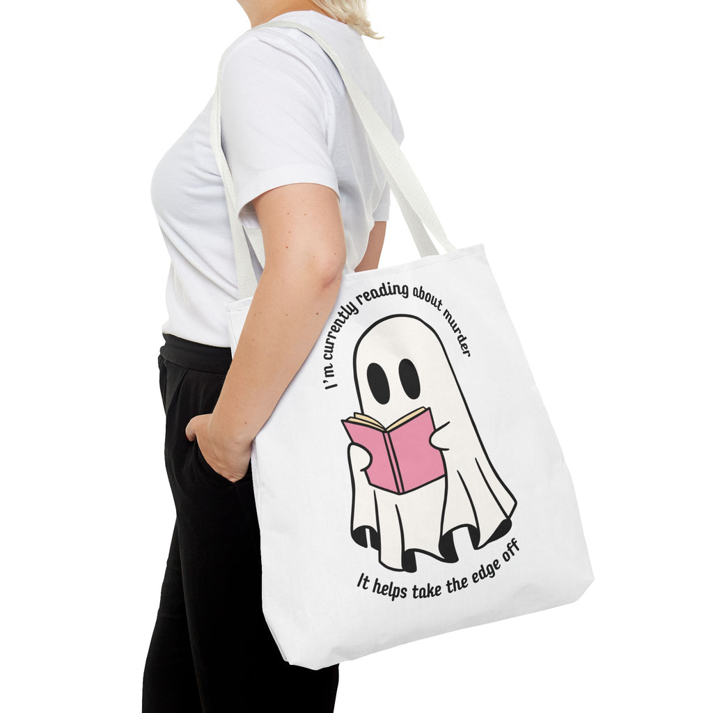 Ghost Reading Tote Bag — Cute Ghost with Book "I'm currently reading about murder, it helps take the edge off"