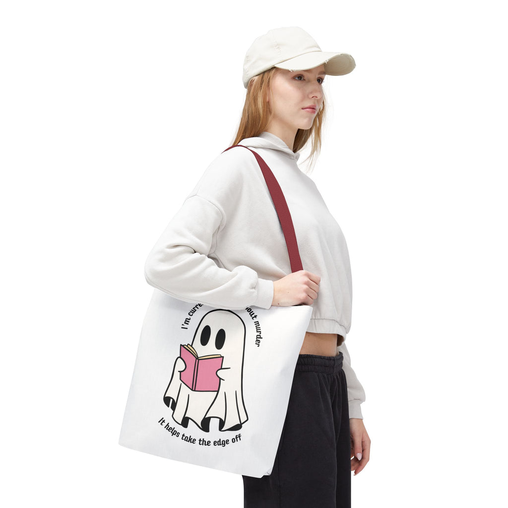 Ghost Reading Tote Bag — Cute Ghost with Book "I'm currently reading about murder, it helps take the edge off"