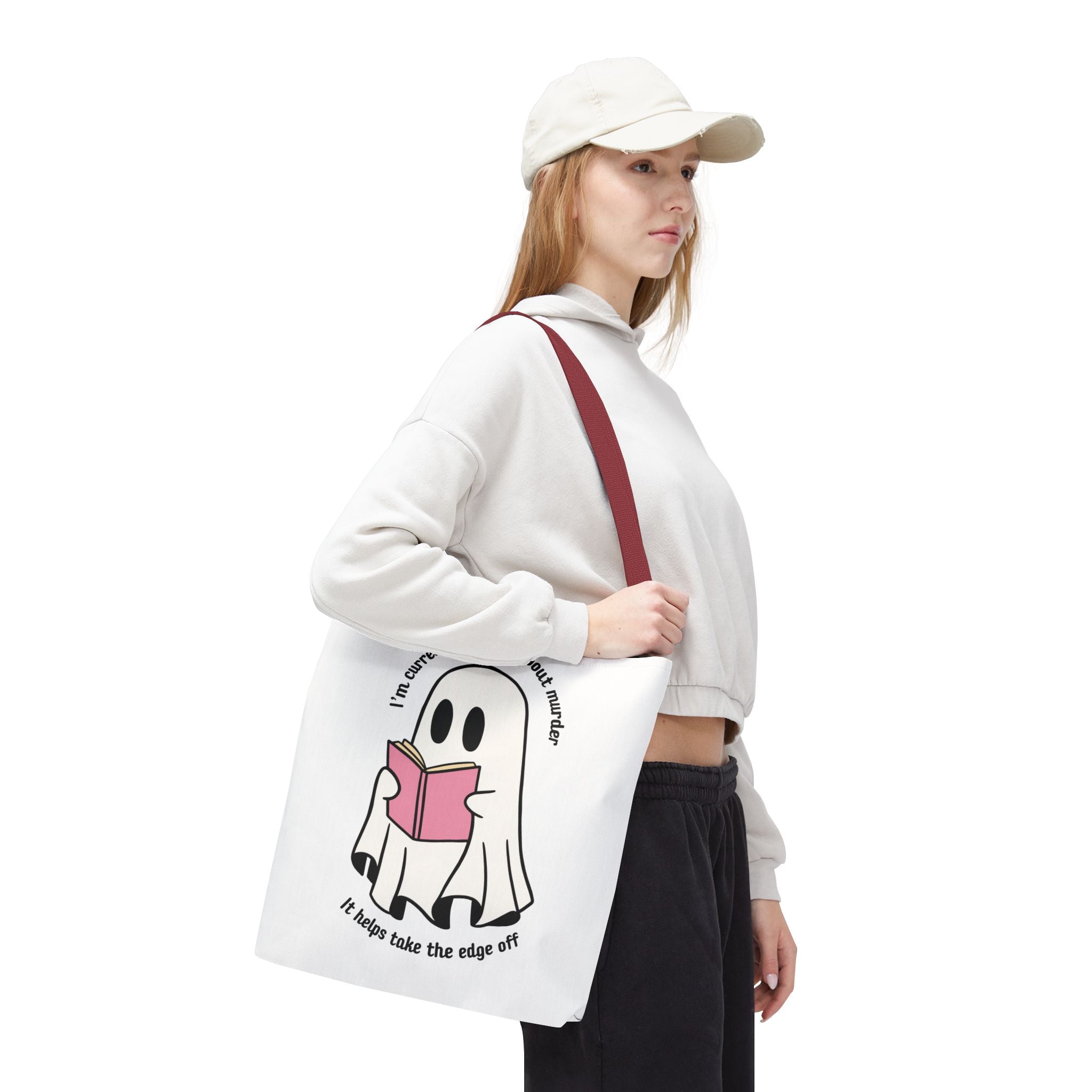 Ghost Reading Tote Bag — Cute Ghost with Book "I'm currently reading about murder, it helps take the edge off"