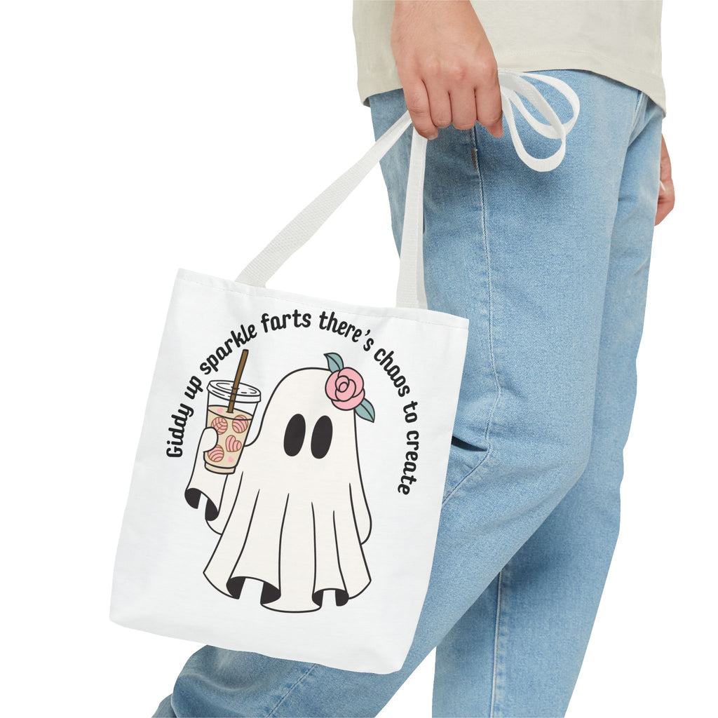 Cute Ghost Tote Bag - "Giddy up sparkle farts there’s chaos to create" Ghost with Boba Tea Tote