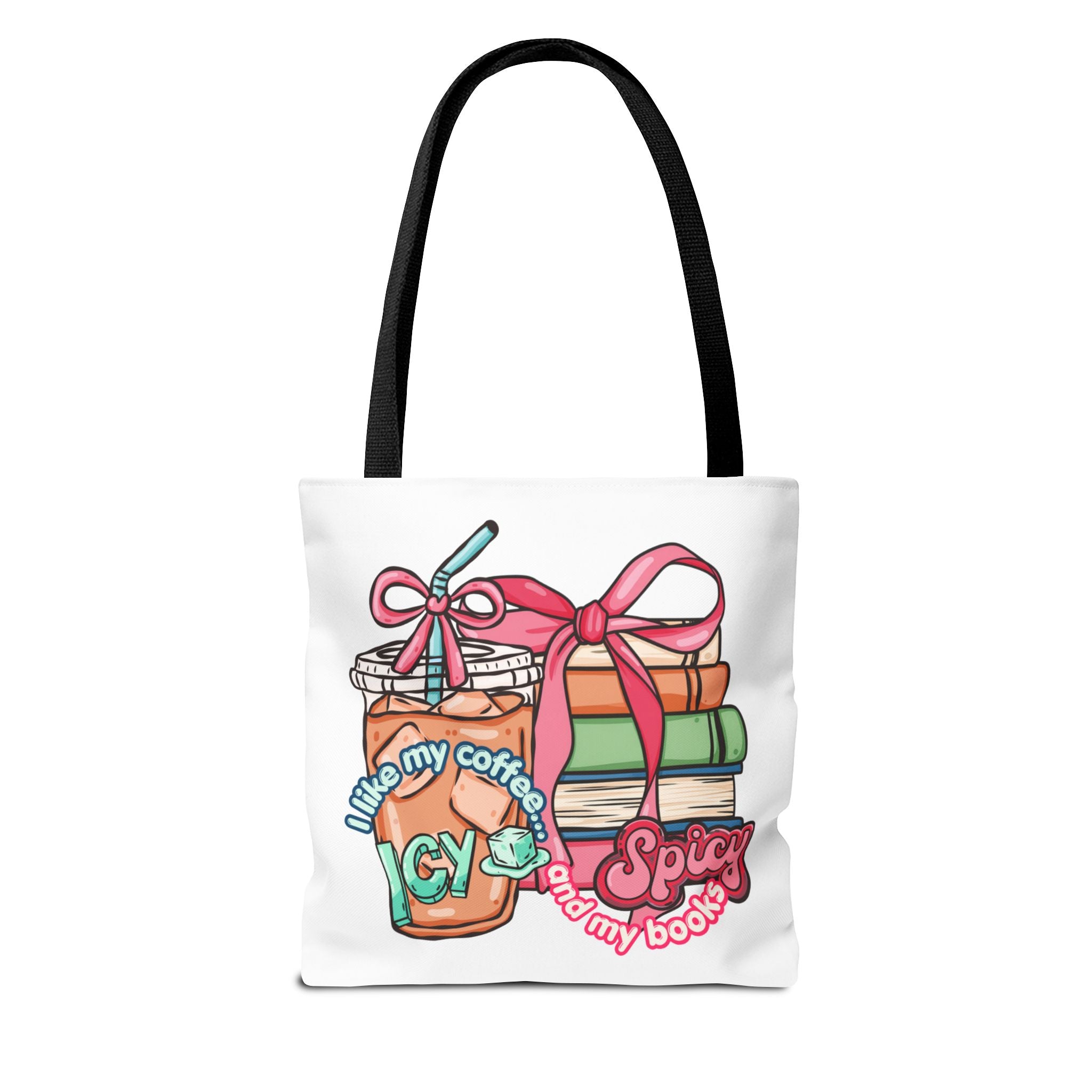 Book Lover Tote Bag — “I like my coffee icy and my books spicy” Illustrated Bookstack & Iced Coffee Design