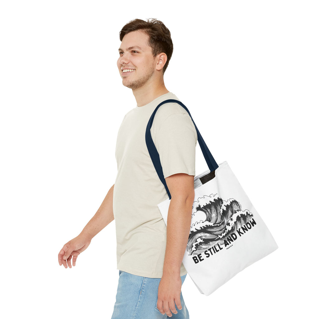 Be Still and Know Wave Tote Bag — Inspirational Psalm 36:10 Canvas Tote