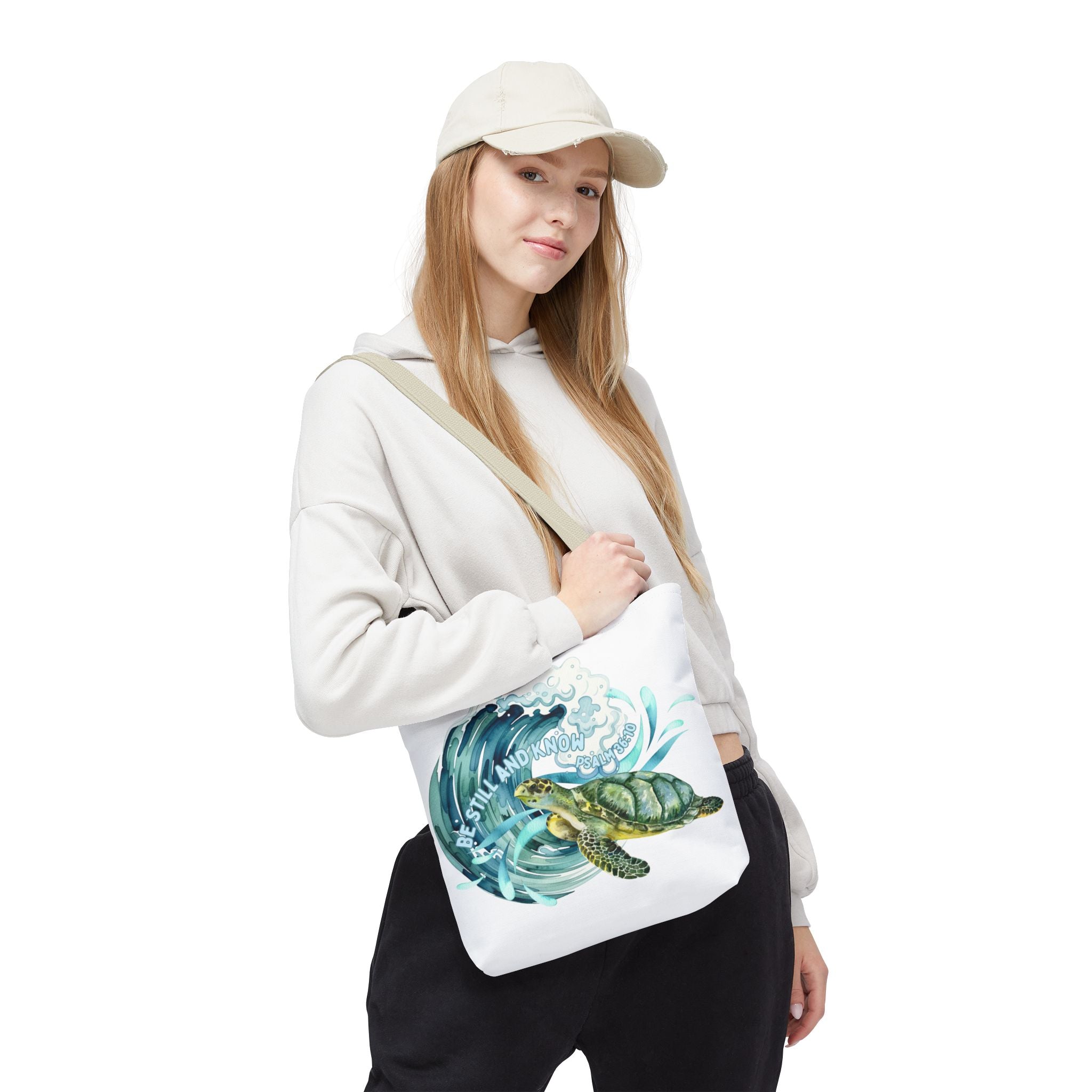 Sea Turtle Wave Tote Bag — "Be Still and Know" Ocean Eco Shopper