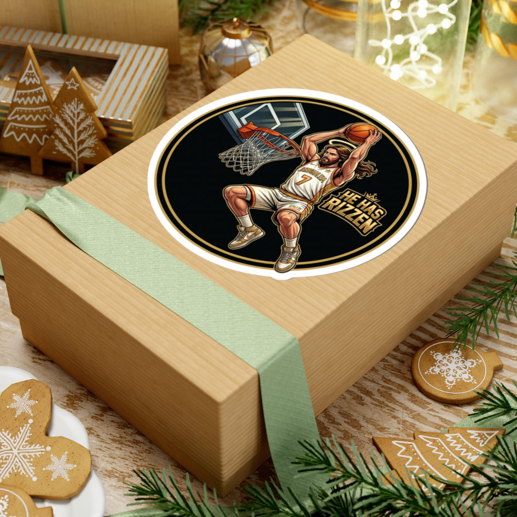 He Has RIZZEN Basketball Sticker — Round Kiss-Cut Dunking Player  | Decal He has Risen