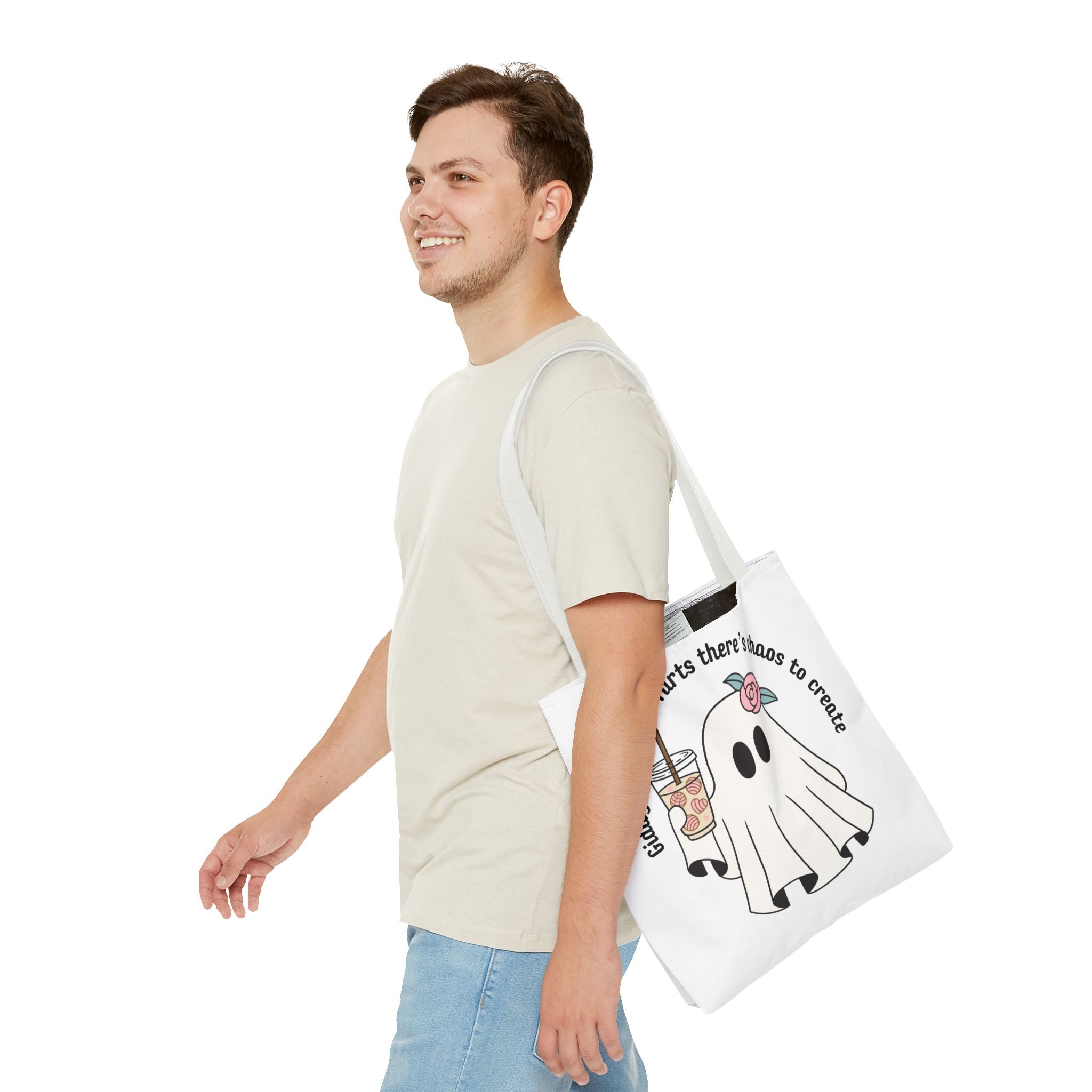 Cute Ghost Tote Bag - "Giddy up sparkle farts there’s chaos to create" Ghost with Boba Tea Tote