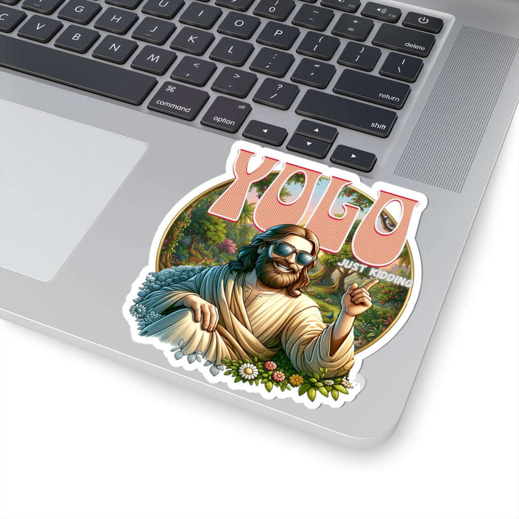 YOLO Just Kidding Sticker — Retro Jesus Kiss-Cut Vinyl Sticker