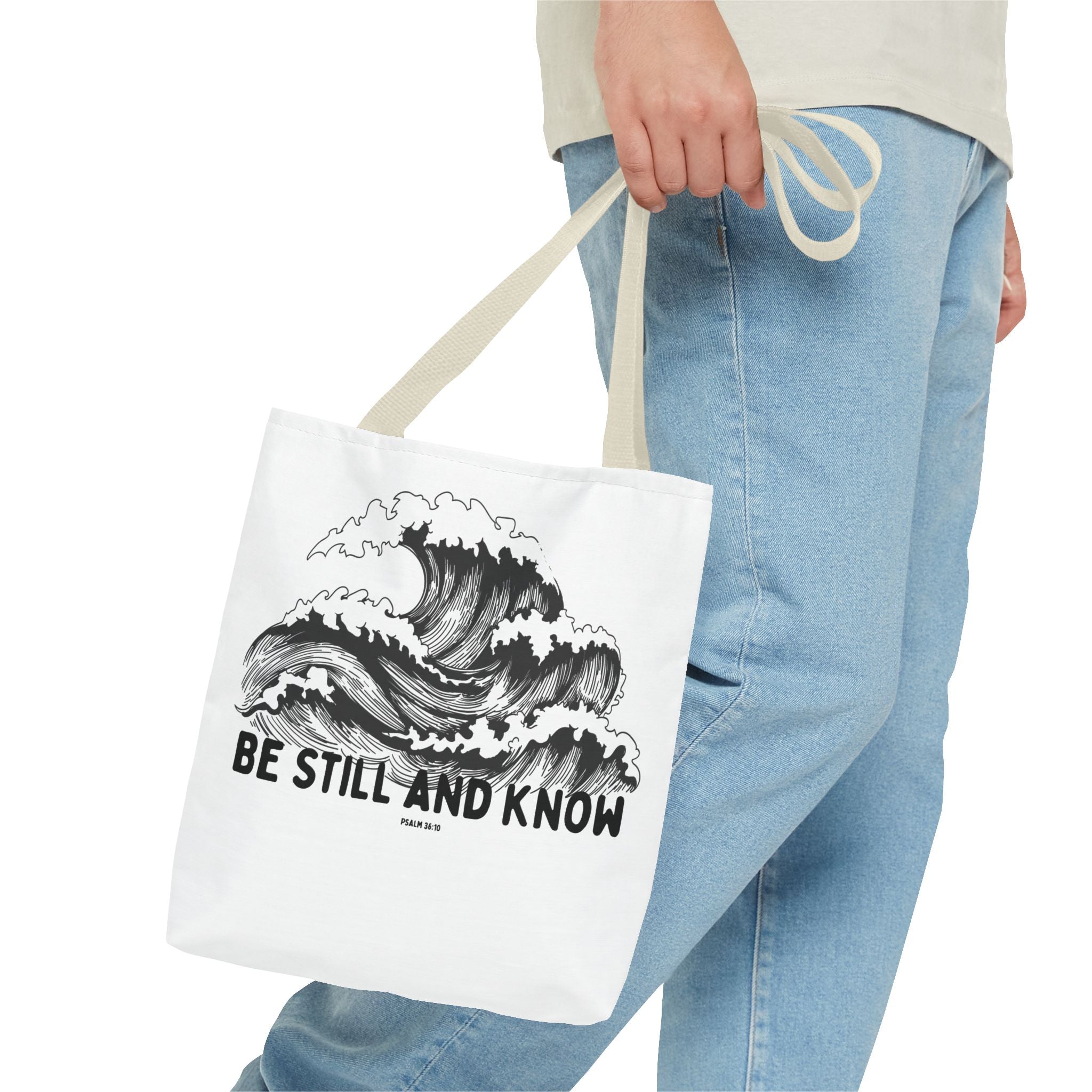 Be Still and Know Wave Tote Bag — Inspirational Psalm 36:10 Canvas Tote