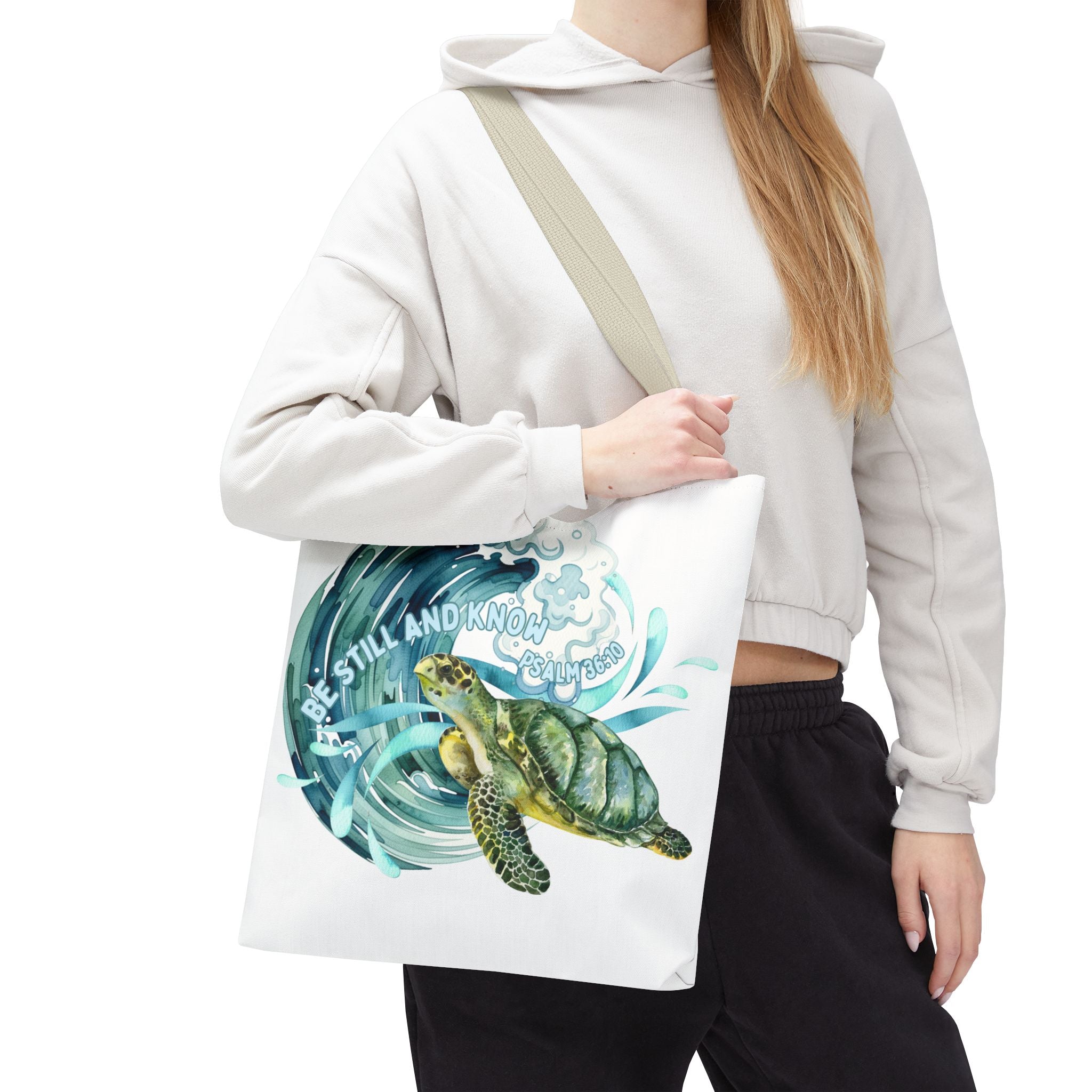 Sea Turtle Wave Tote Bag — "Be Still and Know" Ocean Eco Shopper