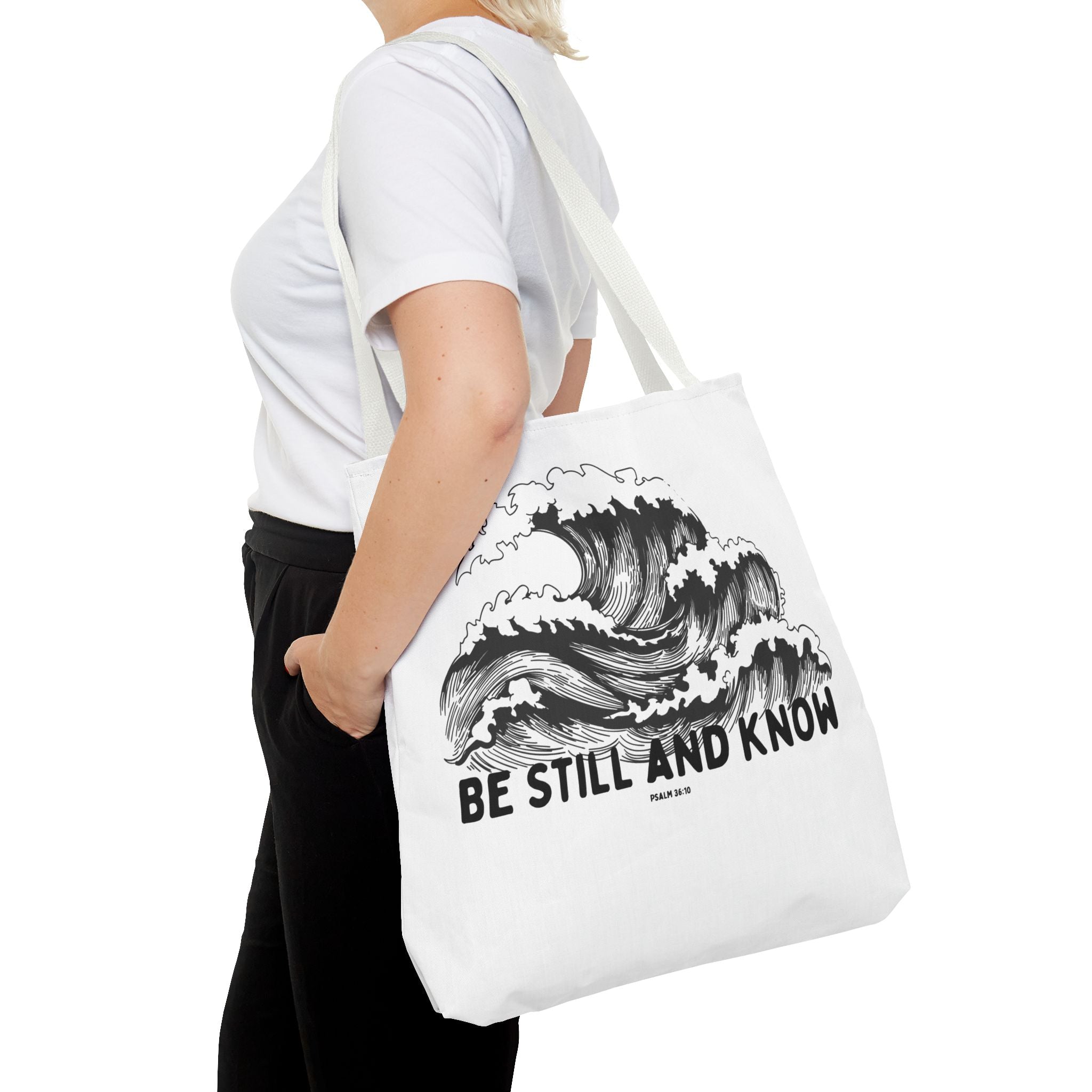 Be Still and Know Wave Tote Bag — Inspirational Psalm 36:10 Canvas Tote