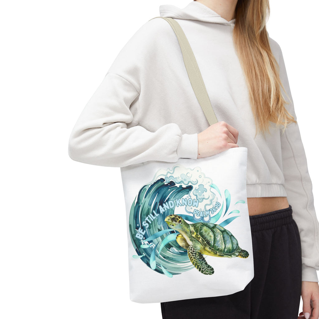Sea Turtle Wave Tote Bag — "Be Still and Know" Ocean Eco Shopper