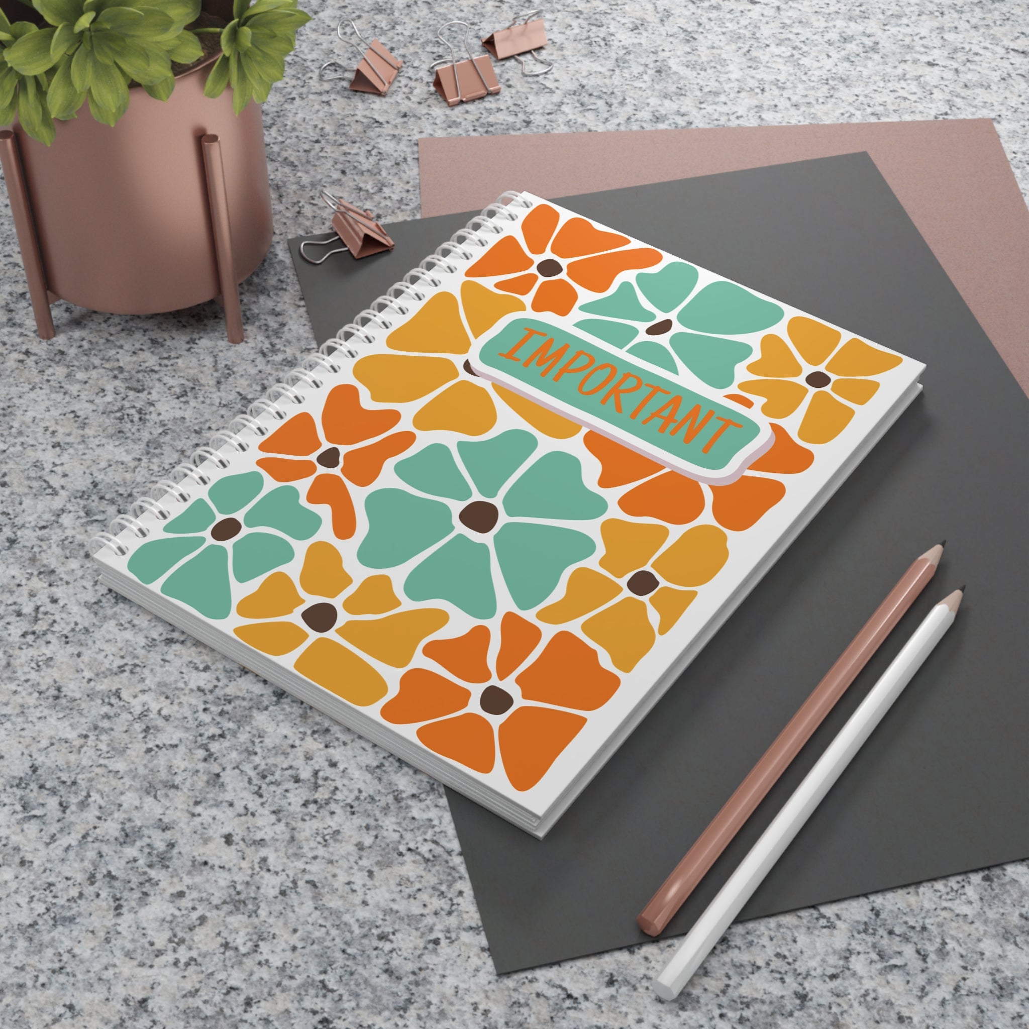 Important Floral Spiral Notebook — Retro Orange Teal Flower Journal