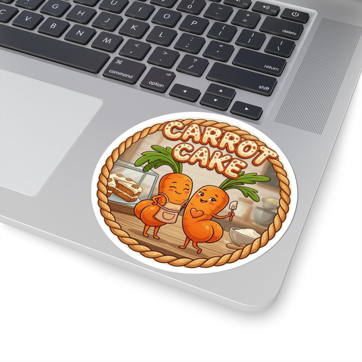 Carrot Cake Cute Characters Kiss-Cut Sticker — Baking Cute Laptop Decal