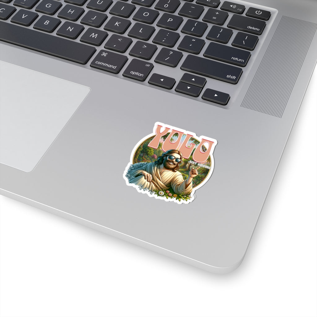YOLO Just Kidding Sticker — Retro Jesus Kiss-Cut Vinyl Sticker