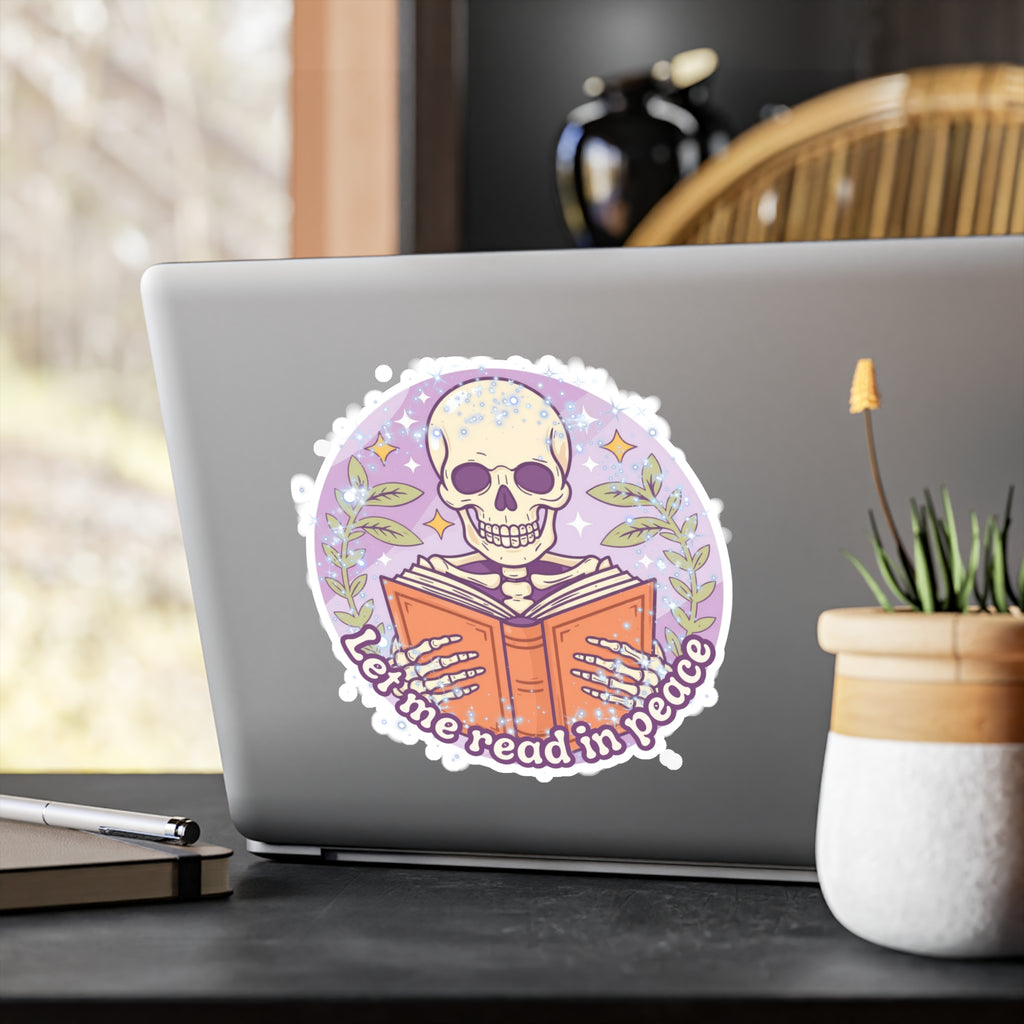 Kiss-Cut Vinyl Decal — “Let Me Read in Peace” Skull Reading Sticker