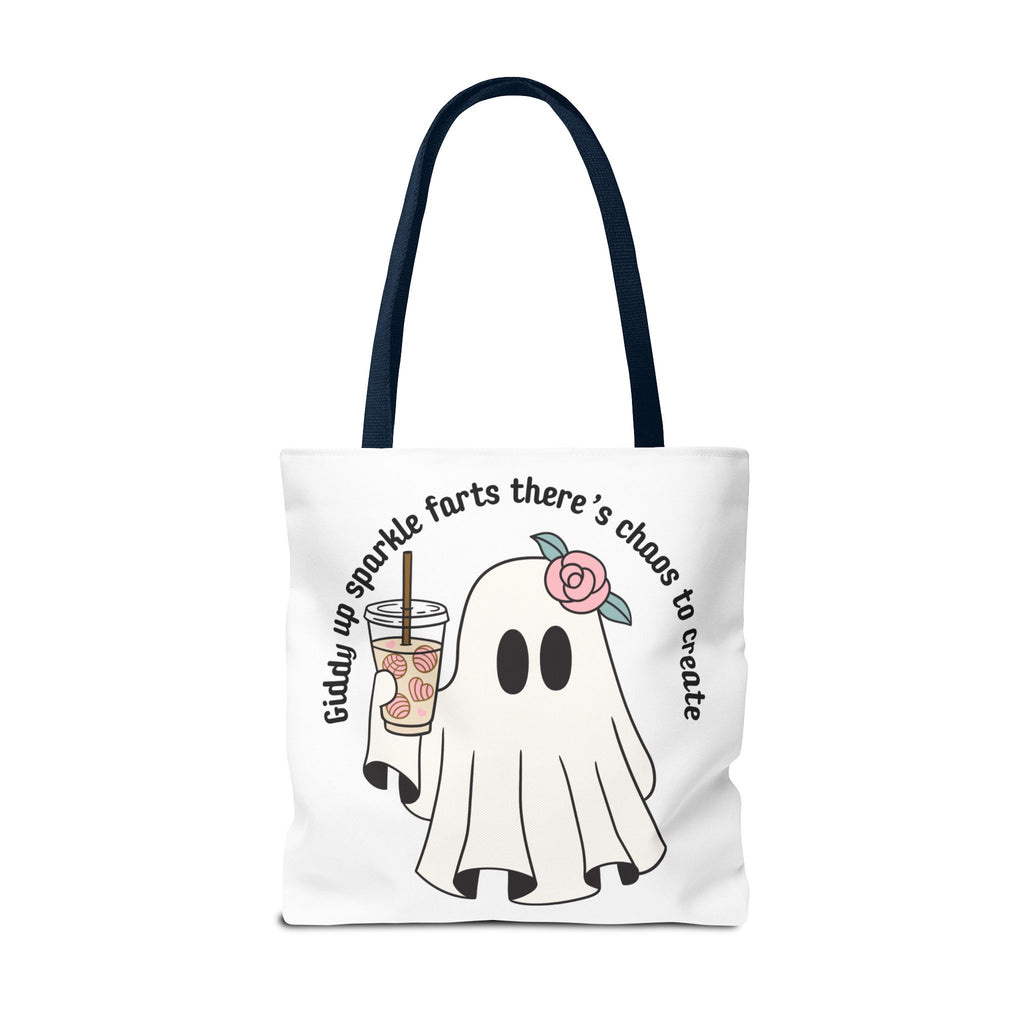 Cute Ghost Tote Bag - "Giddy up sparkle farts there’s chaos to create" Ghost with Boba Tea Tote