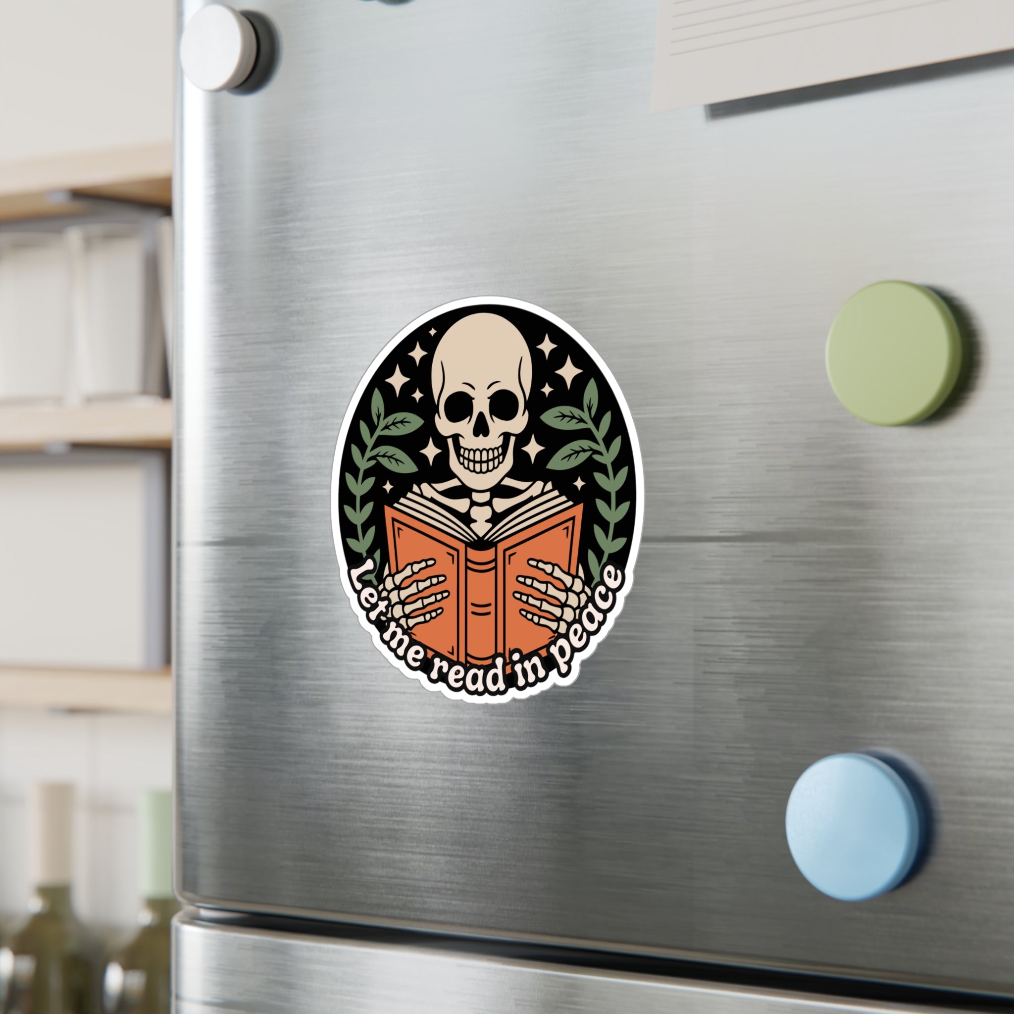 Skeleton Reading Vinyl Sticker – “Let Me Read in Peace” Kiss-Cut Decal