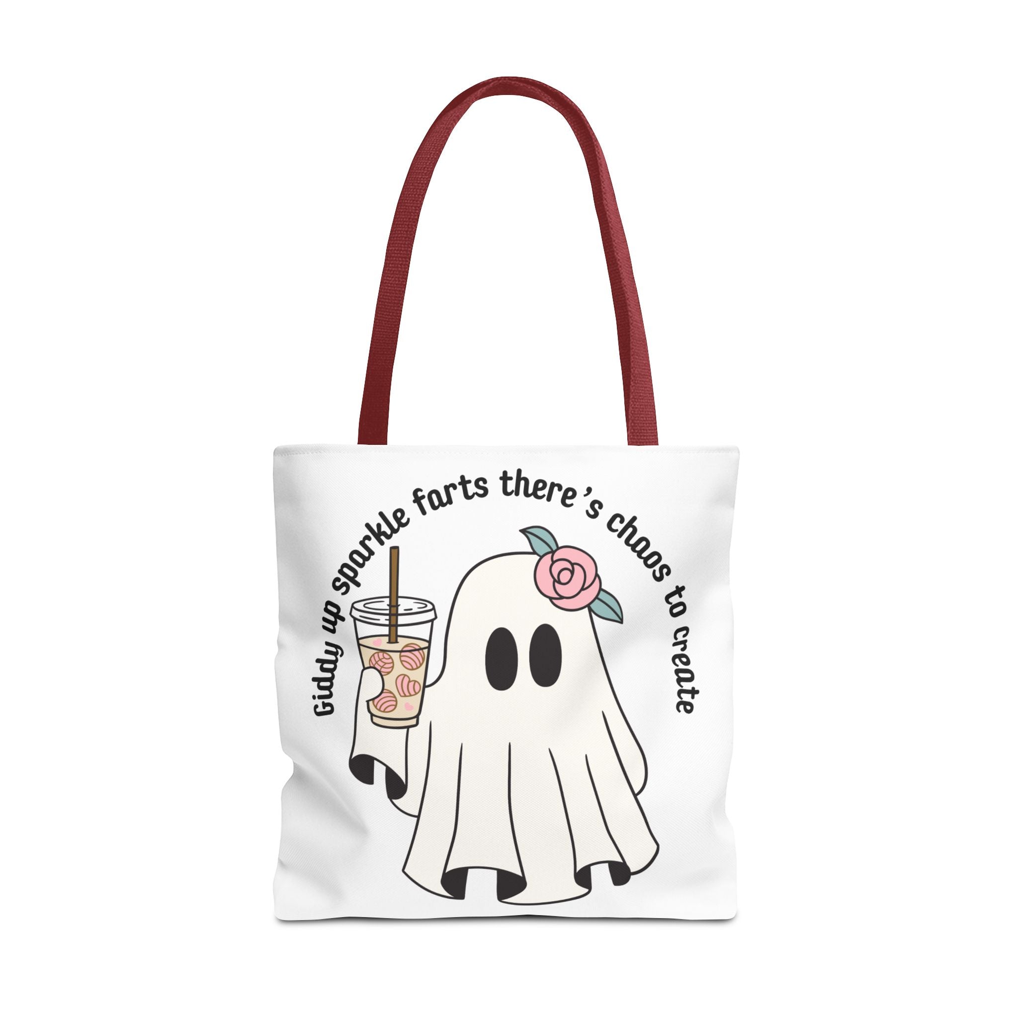 Cute Ghost Tote Bag - "Giddy up sparkle farts there’s chaos to create" Ghost with Boba Tea Tote