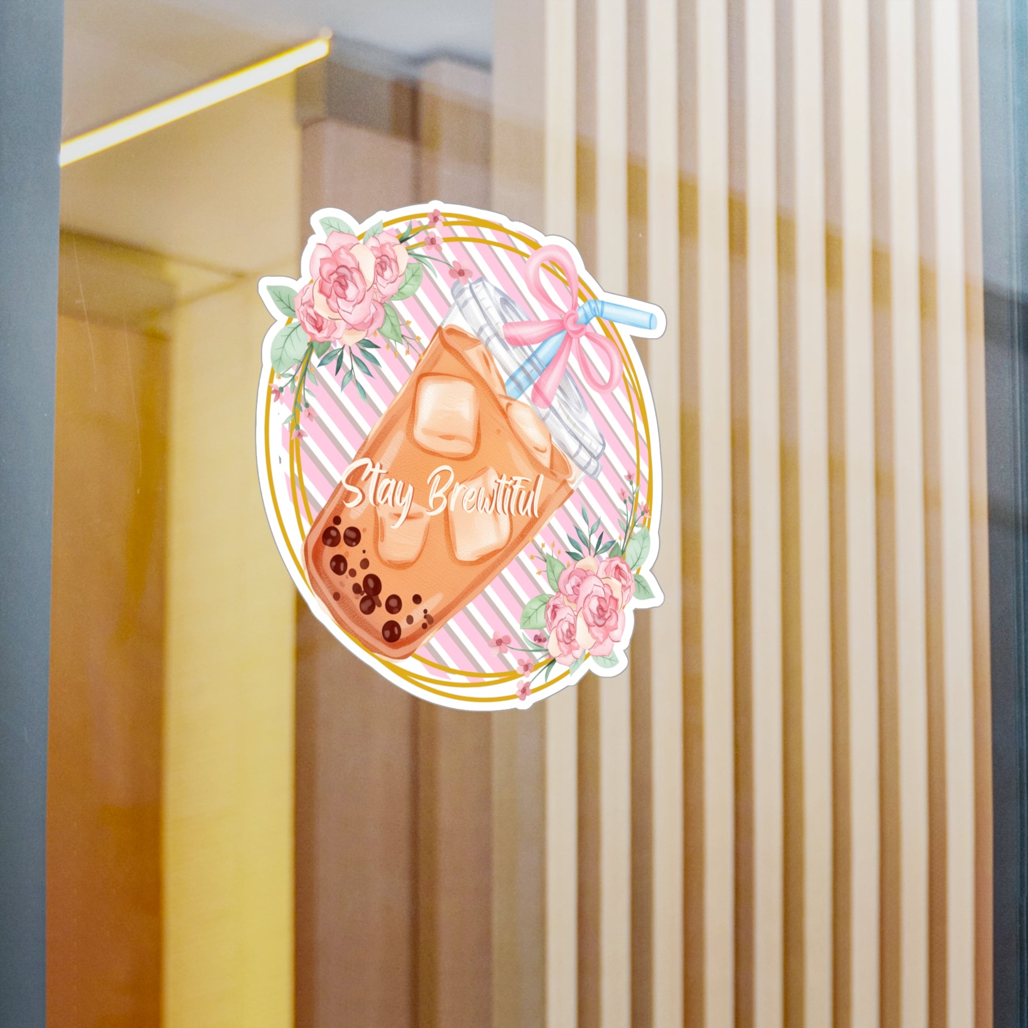 Boba Bubble Tea Vinyl Sticker – “Stay Beautiful” Floral Kiss-Cut Decal