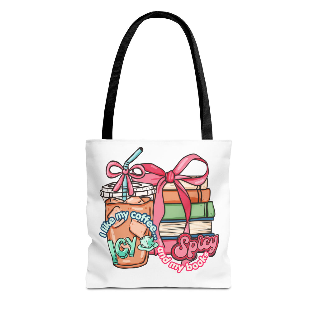 Book Lover Tote Bag — “I like my coffee icy and my books spicy” Illustrated Bookstack & Iced Coffee Design