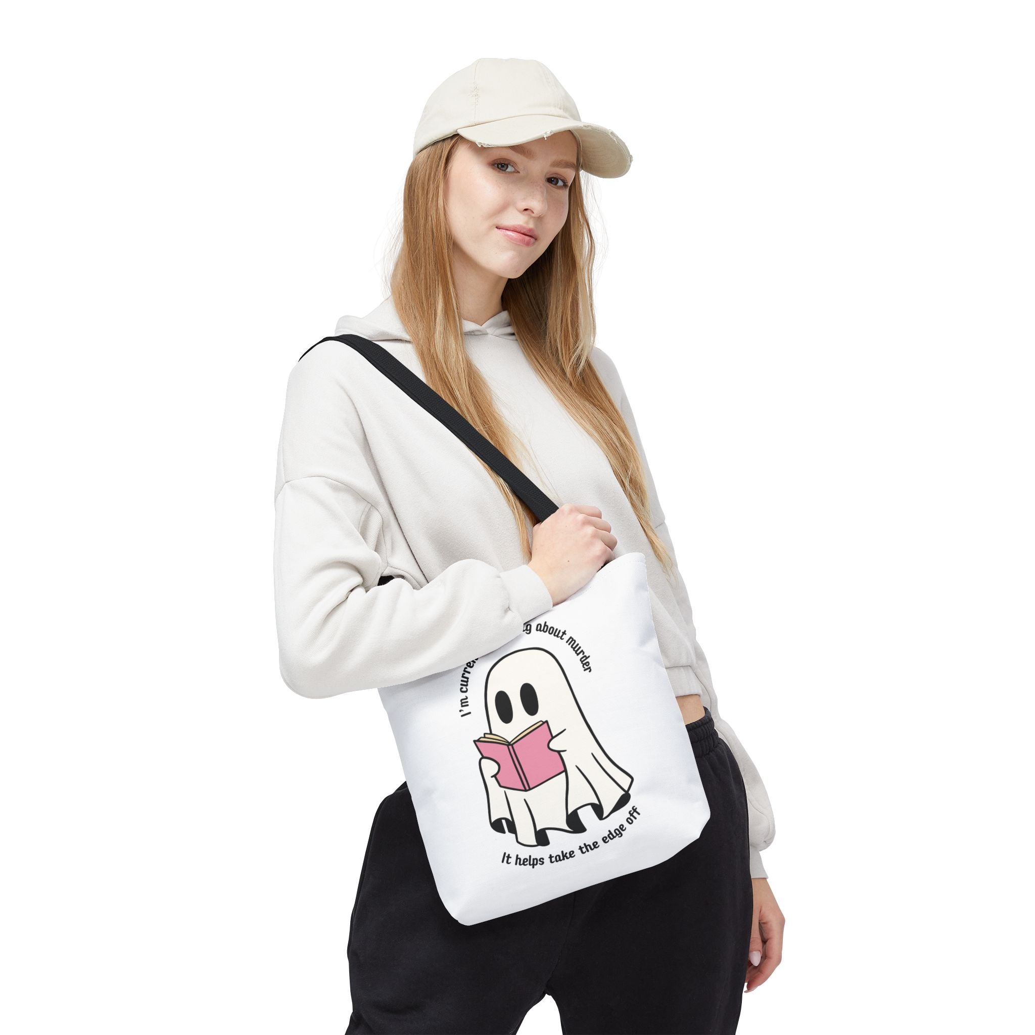 Ghost Reading Tote Bag — Cute Ghost with Book "I'm currently reading about murder, it helps take the edge off"