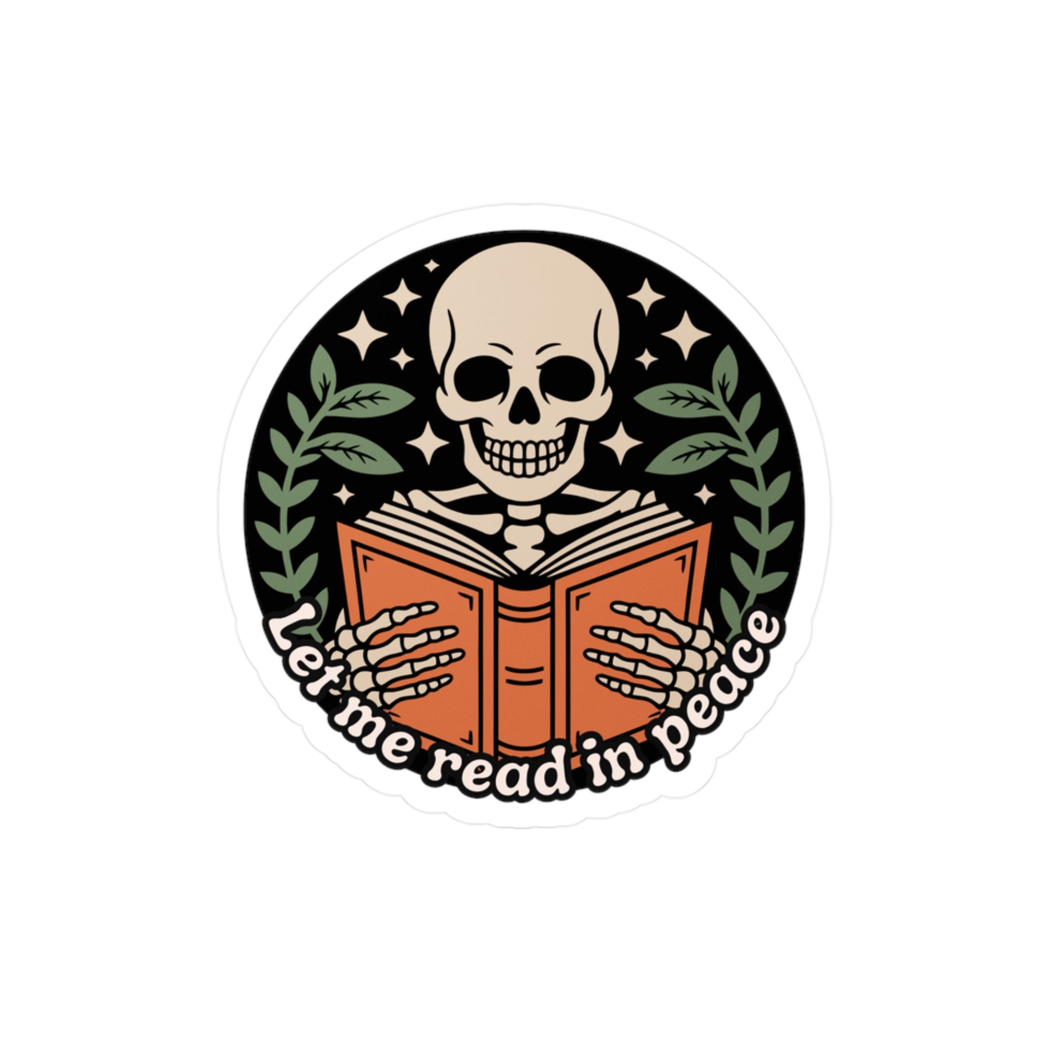 Skeleton Reading Vinyl Sticker – “Let Me Read in Peace” Kiss-Cut Decal
