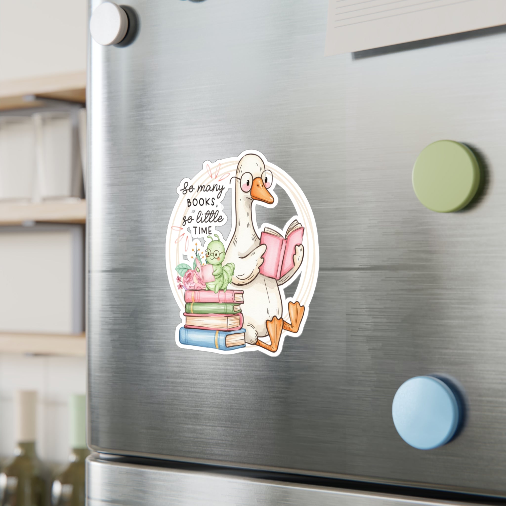 Reading Goose Kiss-Cut Vinyl Sticker — “So Many Books, So Little Time”