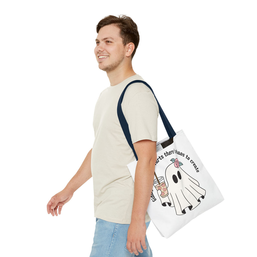 Cute Ghost Tote Bag - "Giddy up sparkle farts there’s chaos to create" Ghost with Boba Tea Tote