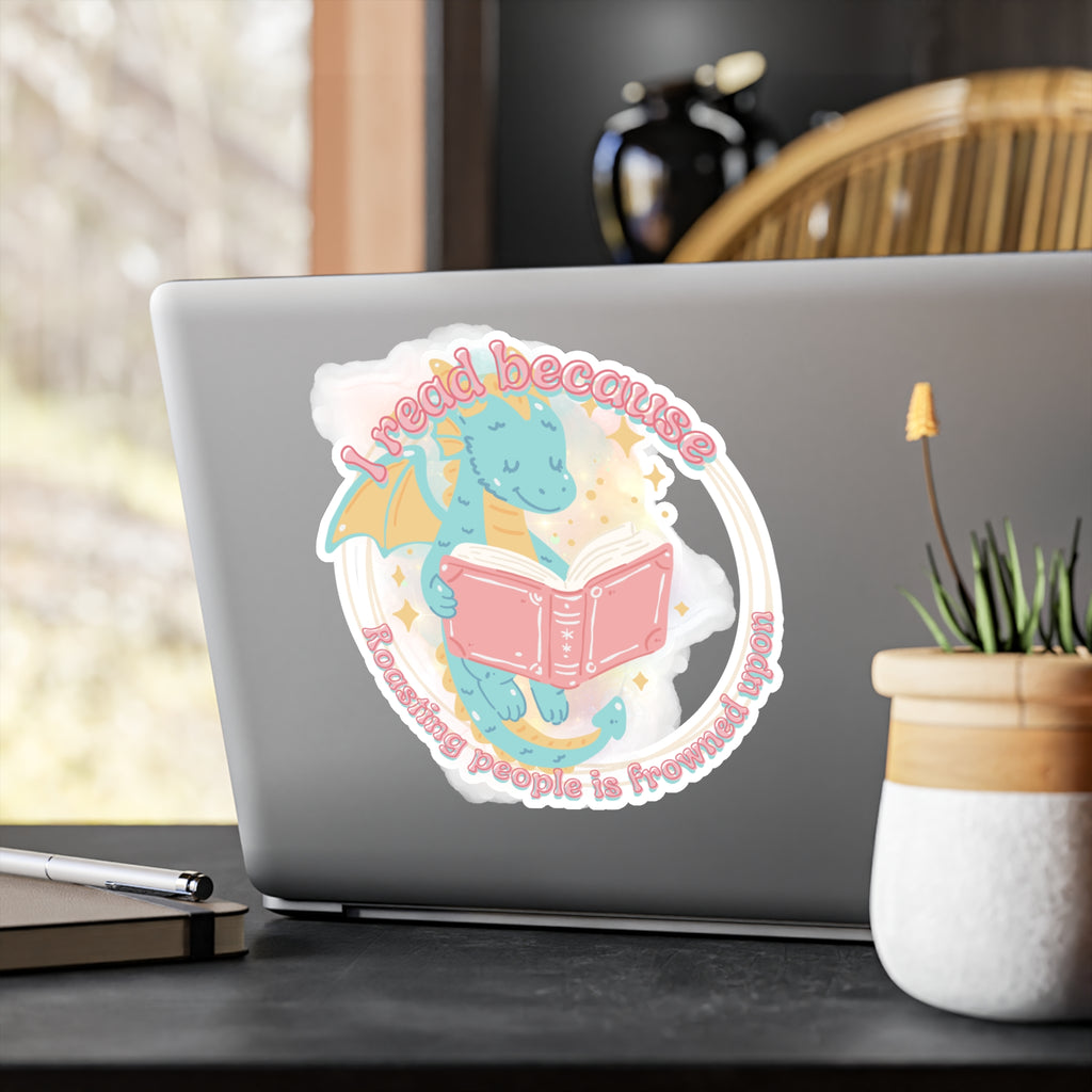 Reading Dragon Kiss-Cut Vinyl Sticker — "I read because roasting people is frowned upon"