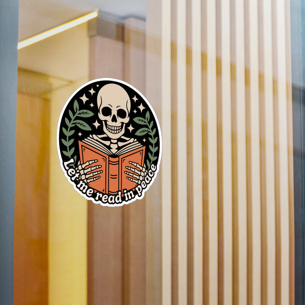 Skeleton Reading Vinyl Sticker – “Let Me Read in Peace” Kiss-Cut Decal