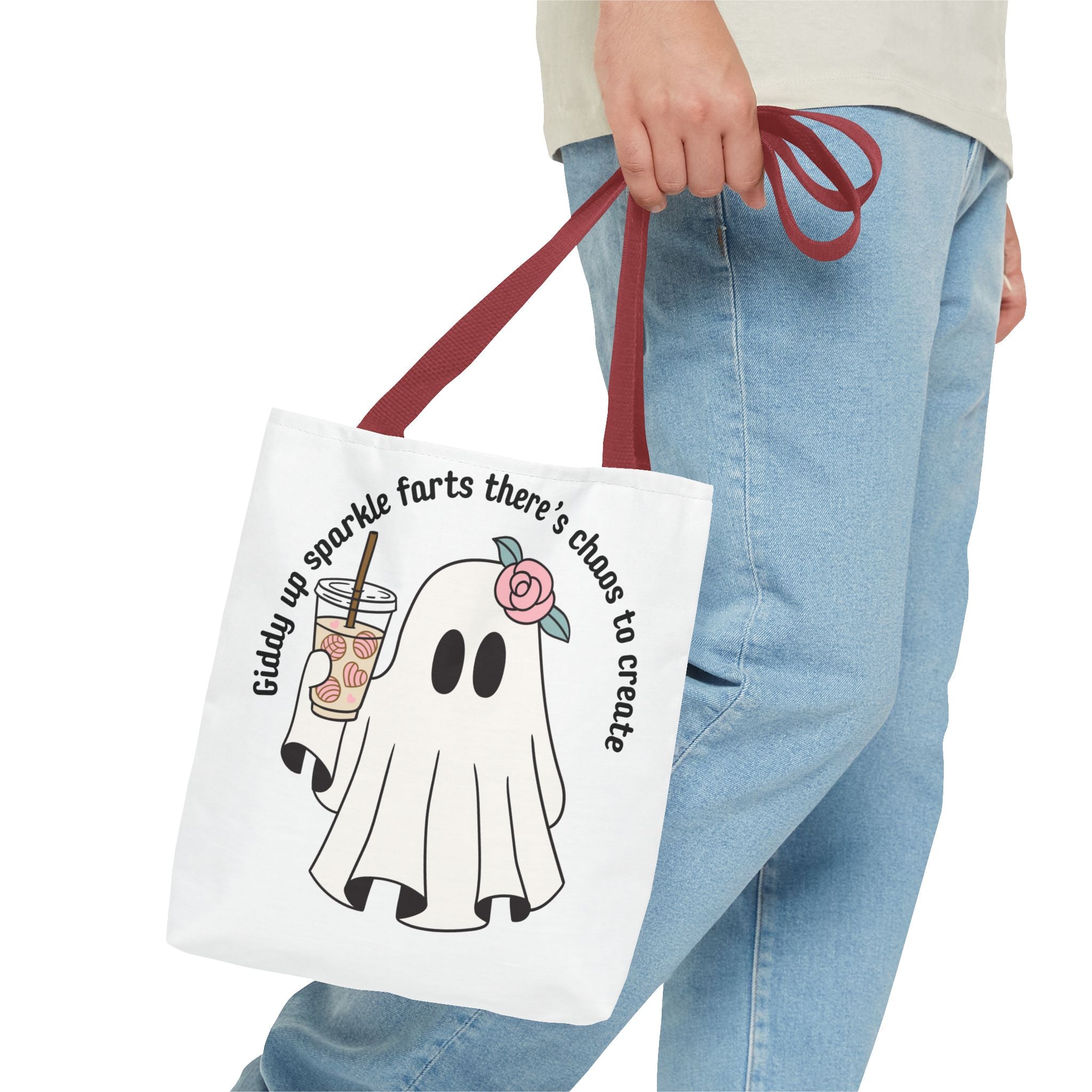 Cute Ghost Tote Bag - "Giddy up sparkle farts there’s chaos to create" Ghost with Boba Tea Tote
