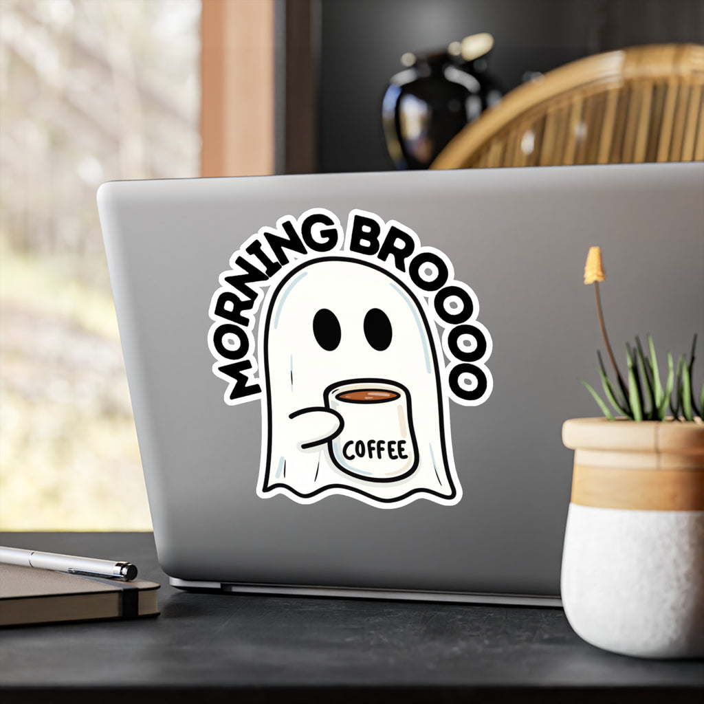 Morning Broooo Ghost Coffee Sticker — Kiss-Cut Vinyl Decal