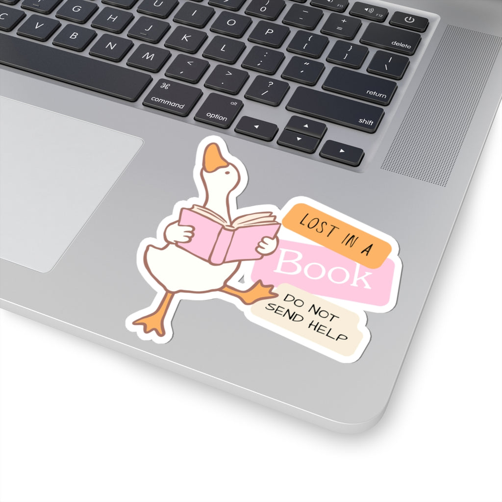Book-Lover Goose Sticker — "Lost in a Book, Do Not Send Help" Kiss-Cut Sticker
