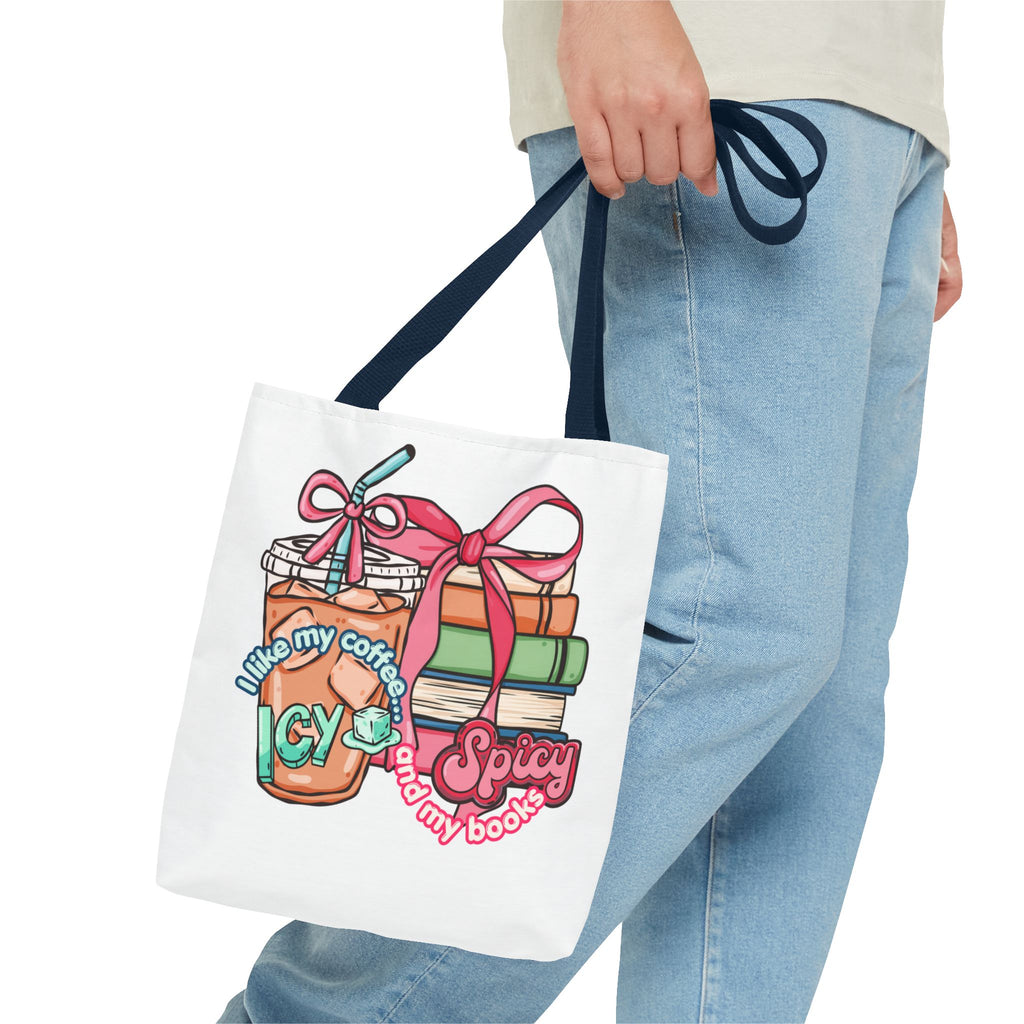 Book Lover Tote Bag — “I like my coffee icy and my books spicy” Illustrated Bookstack & Iced Coffee Design