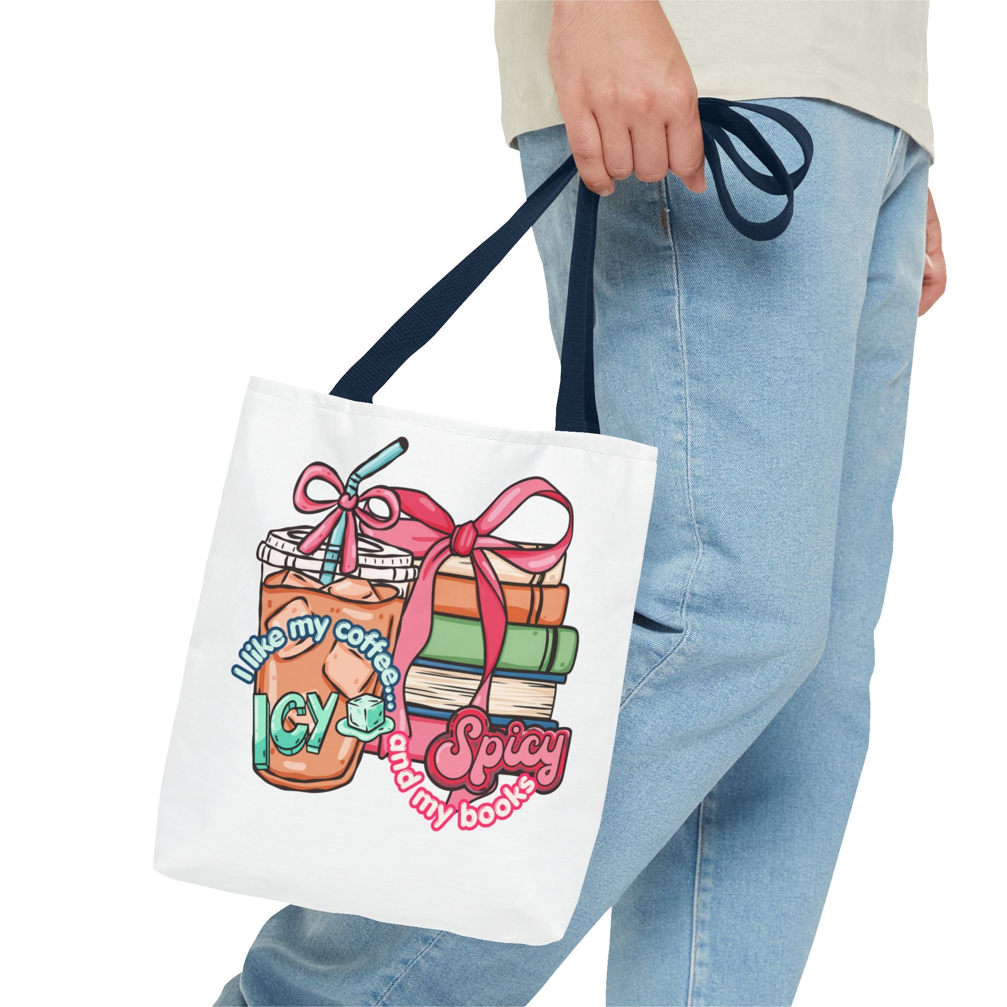 Book Lover Tote Bag — “I like my coffee icy and my books spicy” Illustrated Bookstack & Iced Coffee Design