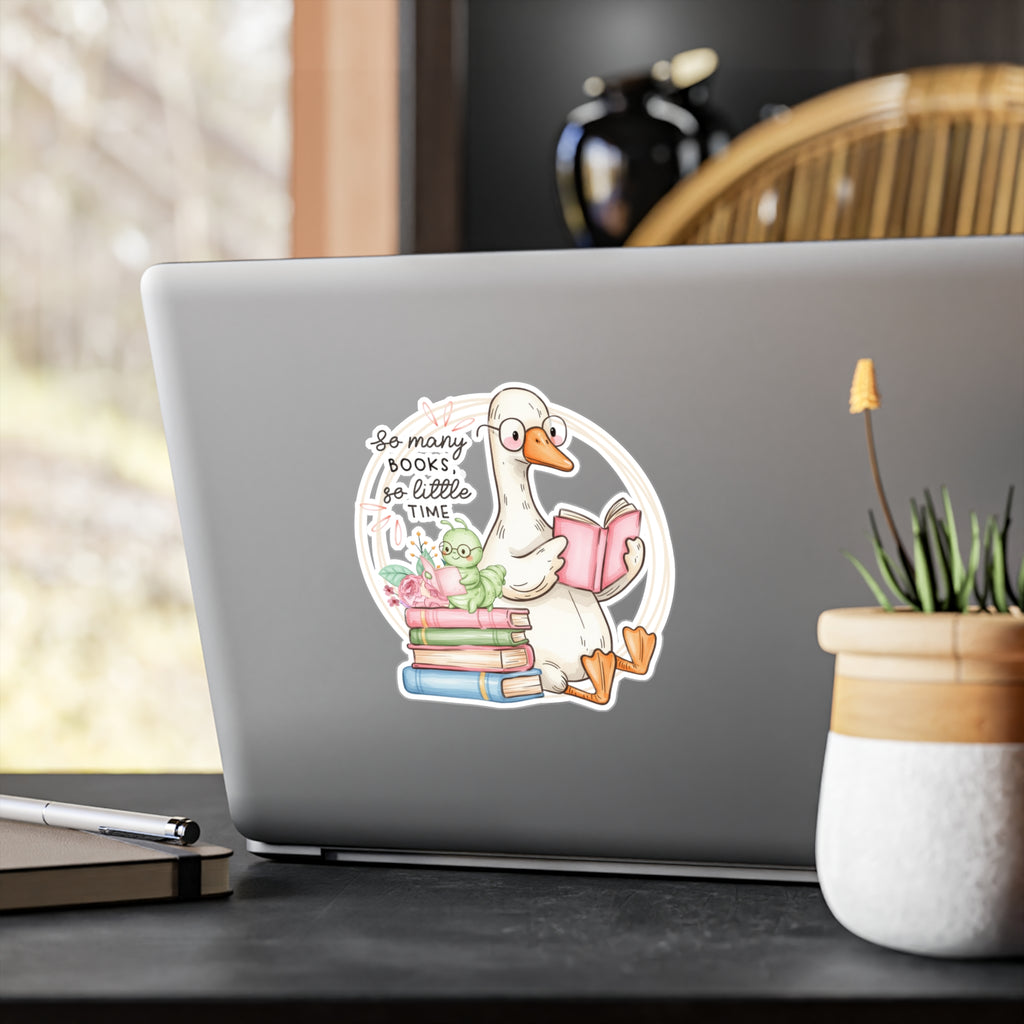 Reading Goose Kiss-Cut Vinyl Sticker — “So Many Books, So Little Time”