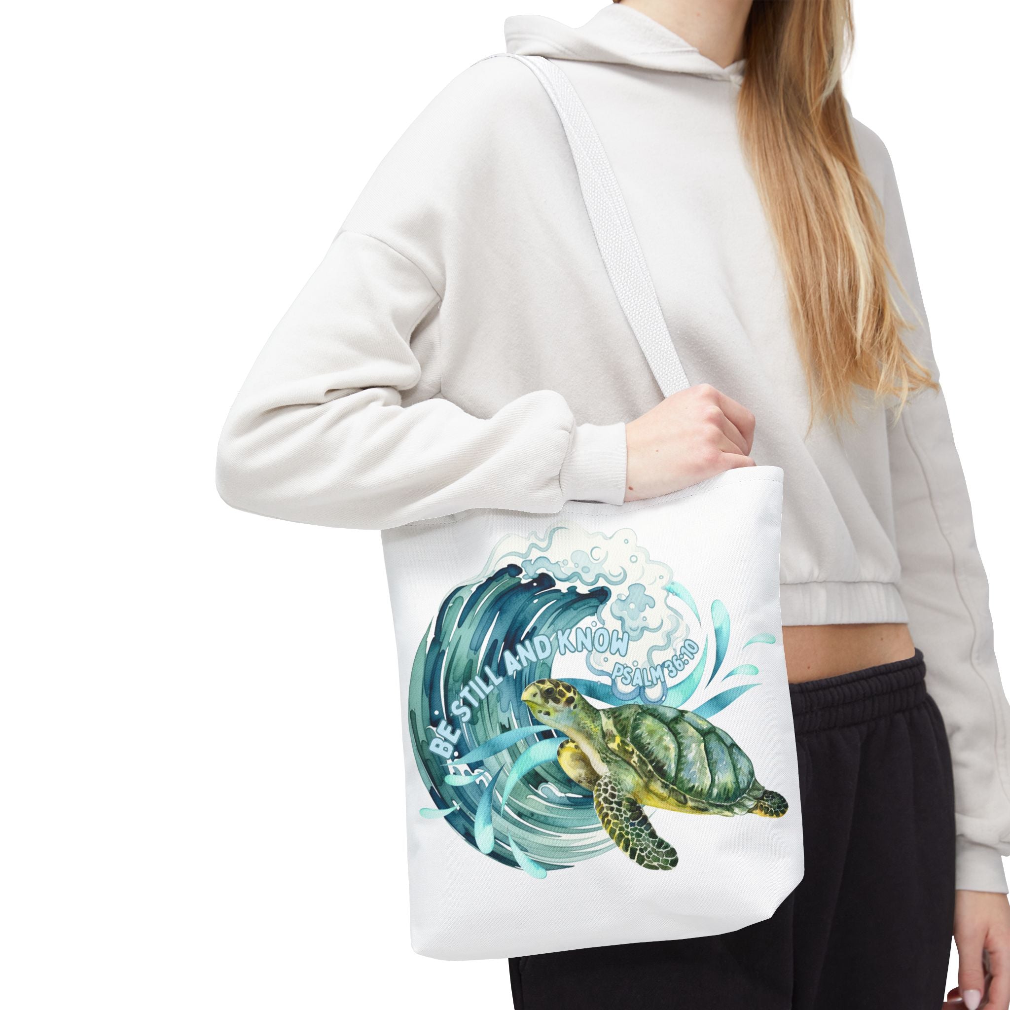 Sea Turtle Wave Tote Bag — "Be Still and Know" Ocean Eco Shopper