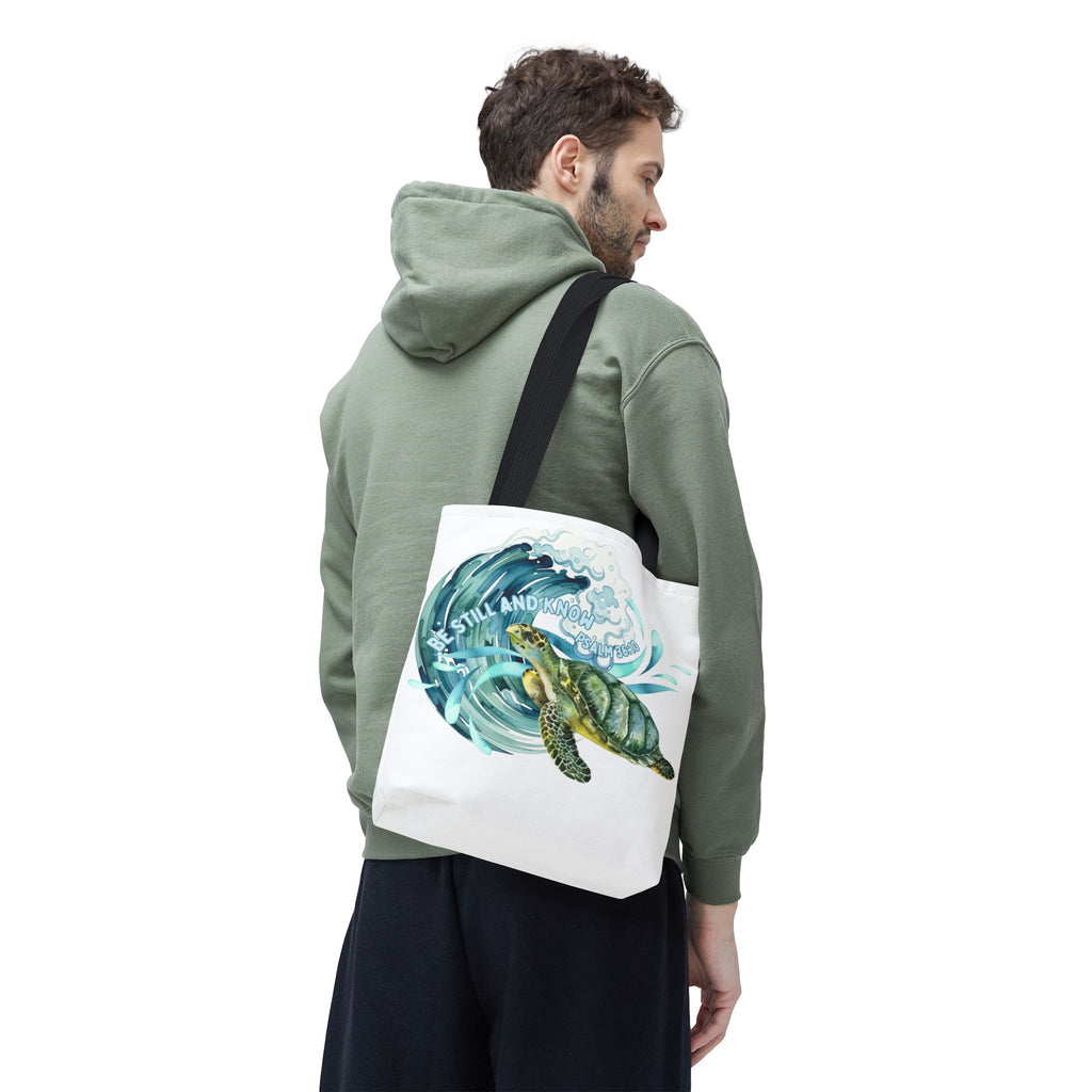 Sea Turtle Wave Tote Bag — "Be Still and Know" Ocean Eco Shopper