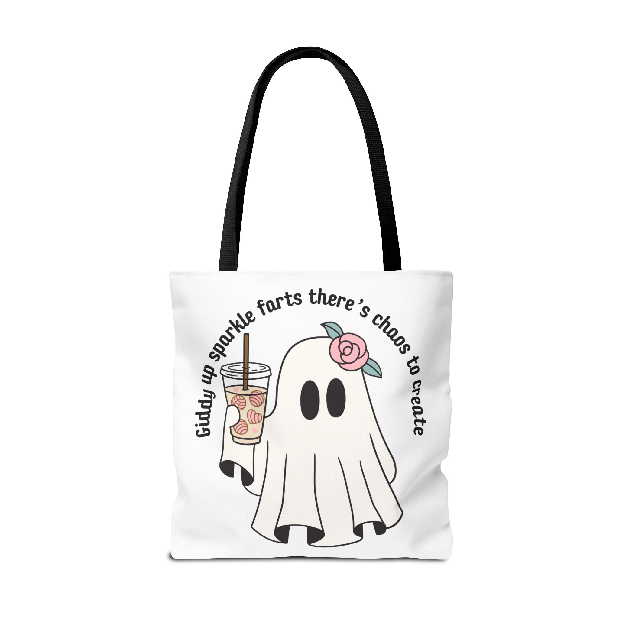 Cute Ghost Tote Bag - "Giddy up sparkle farts there’s chaos to create" Ghost with Boba Tea Tote