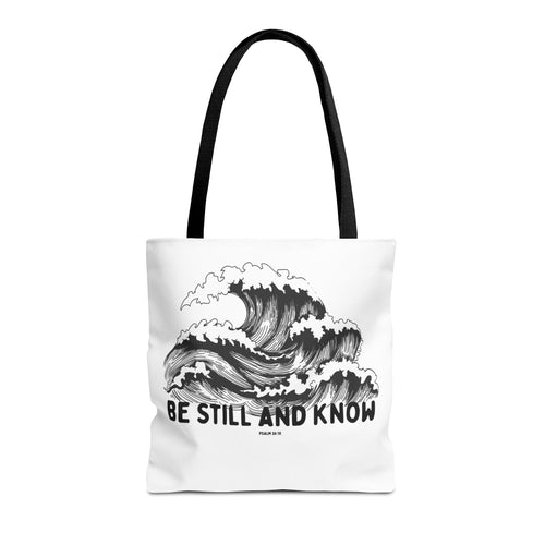 Be Still and Know Wave Tote Bag — Inspirational Psalm 36:10 Canvas Tote