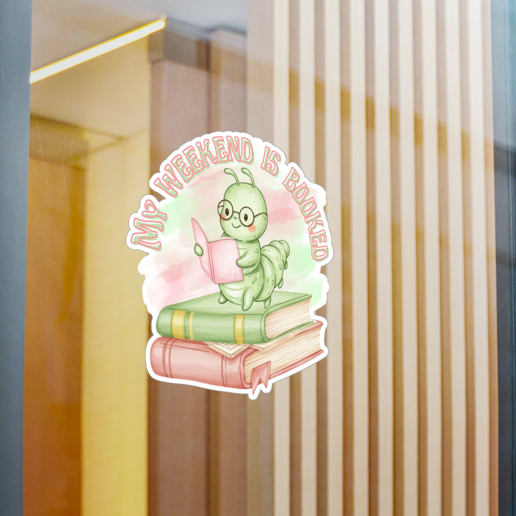 Bookworm Vinyl Sticker — "My Weekend Is Booked" Cute Reading Caterpillar Kiss-Cut Decal