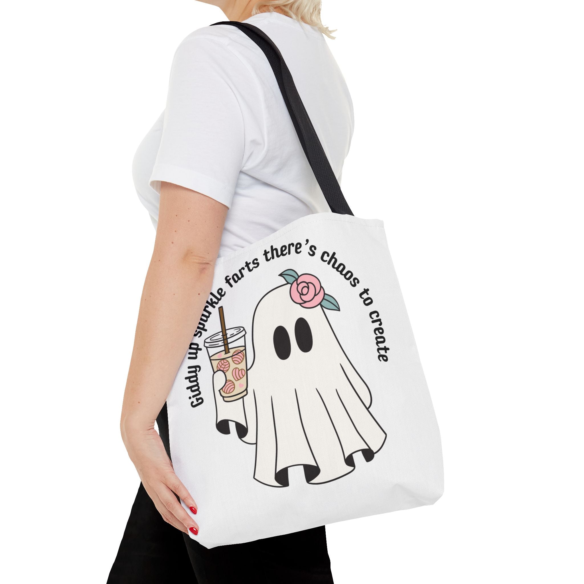 Cute Ghost Tote Bag - "Giddy up sparkle farts there’s chaos to create" Ghost with Boba Tea Tote